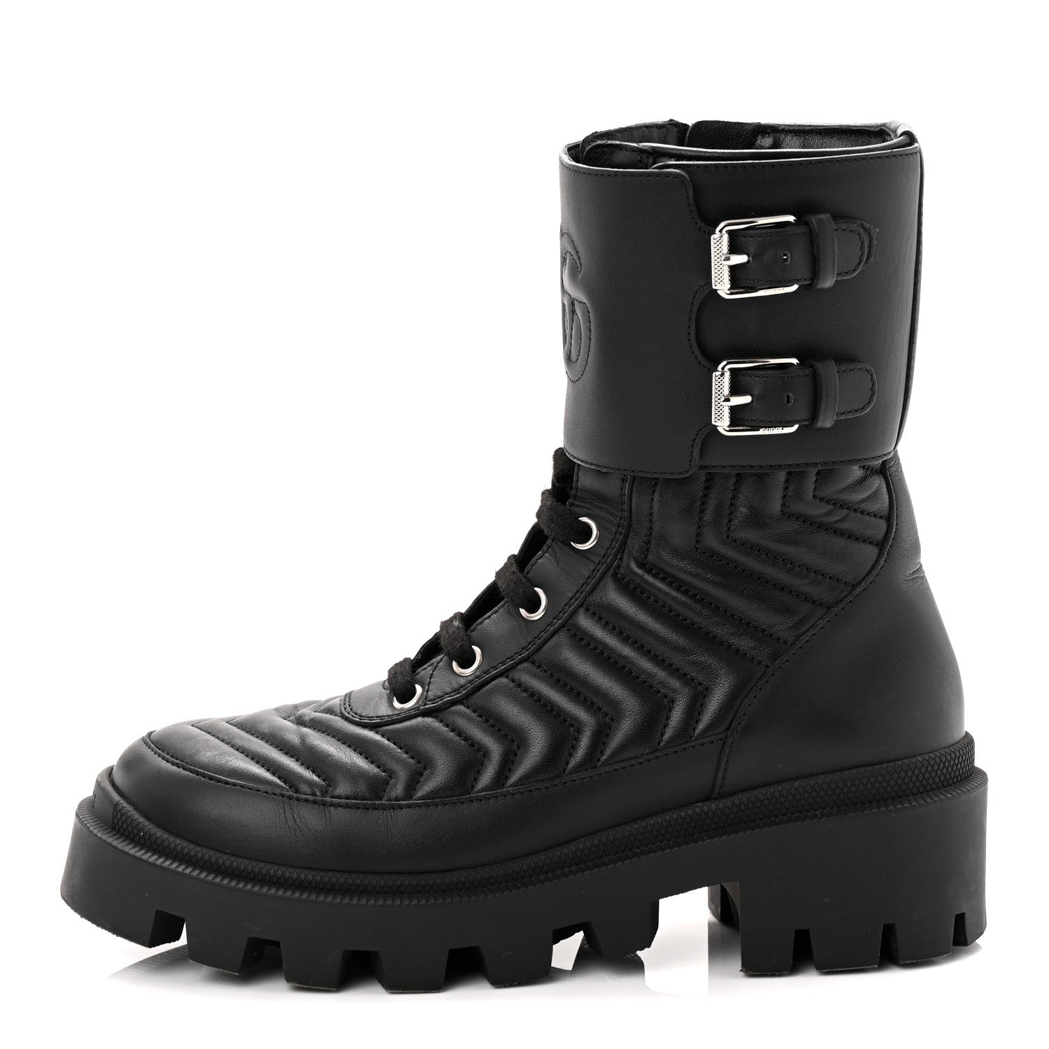 Gucci Nappa Frances GG Matelasse Platform Combat Boots 36 Black