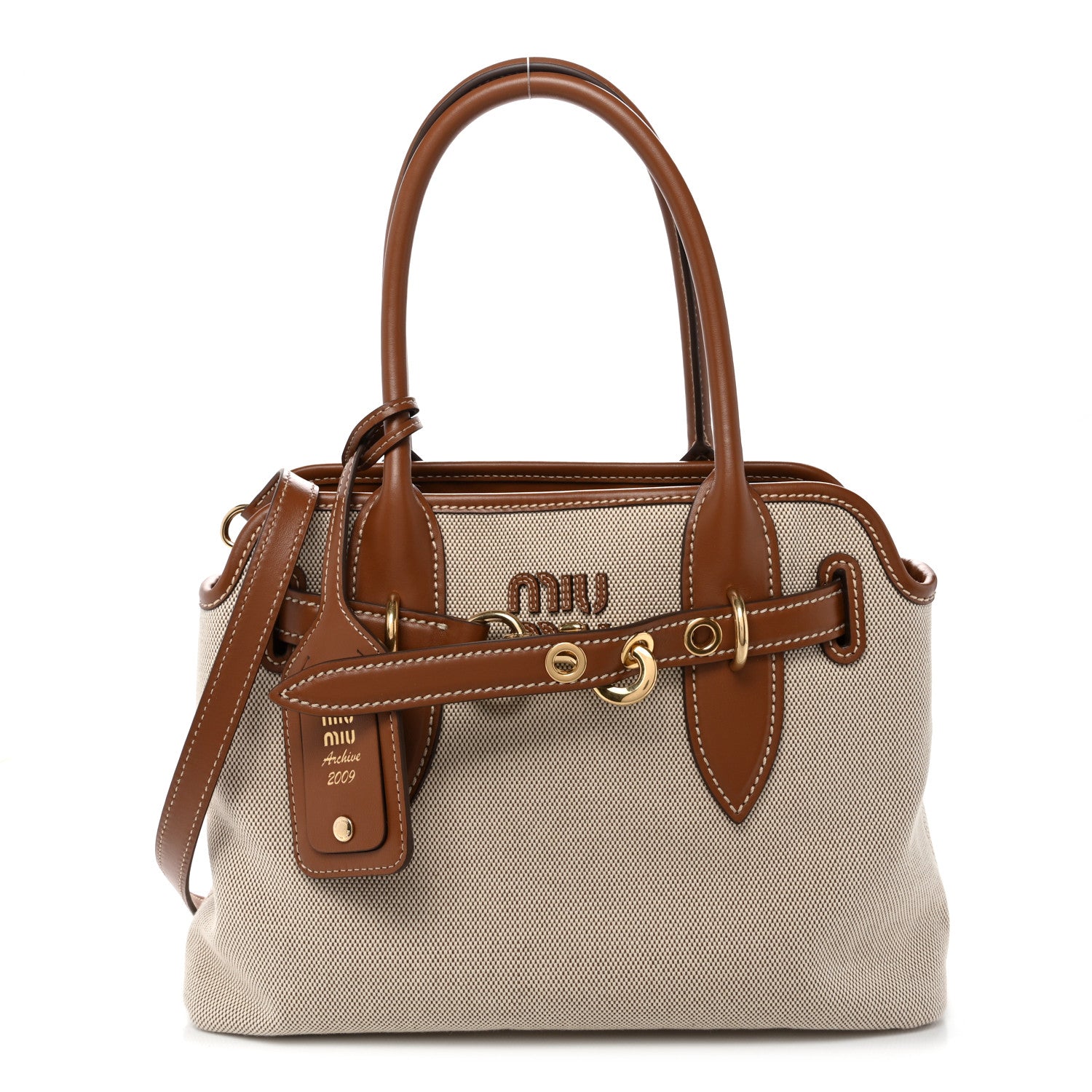 Miu Miu Canvas Calfskin Aventure Bag Beige Brandy 1907483