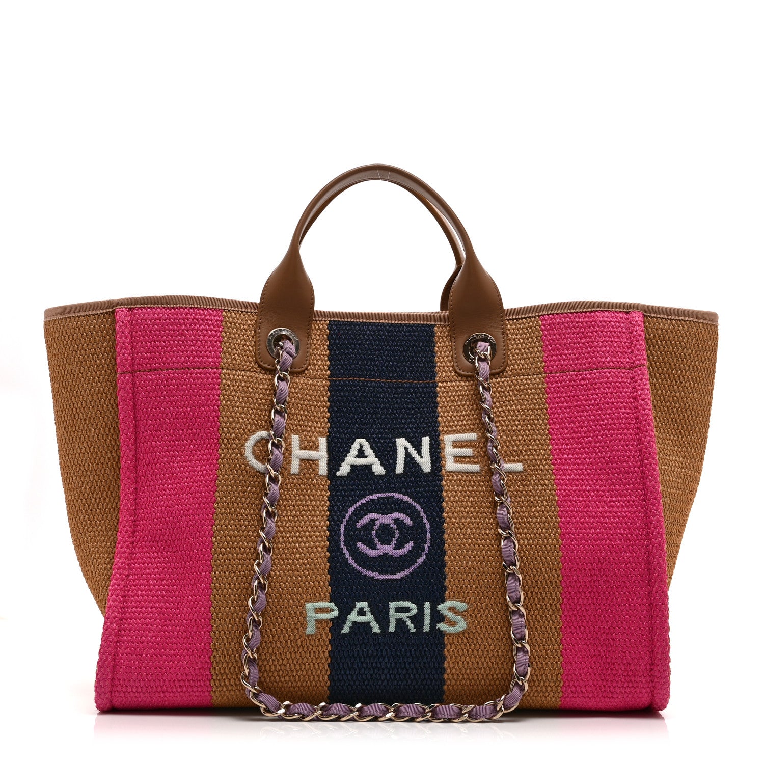 Chanel Straw Raffia Calfskin Striped Medium Deauville Tote Dark