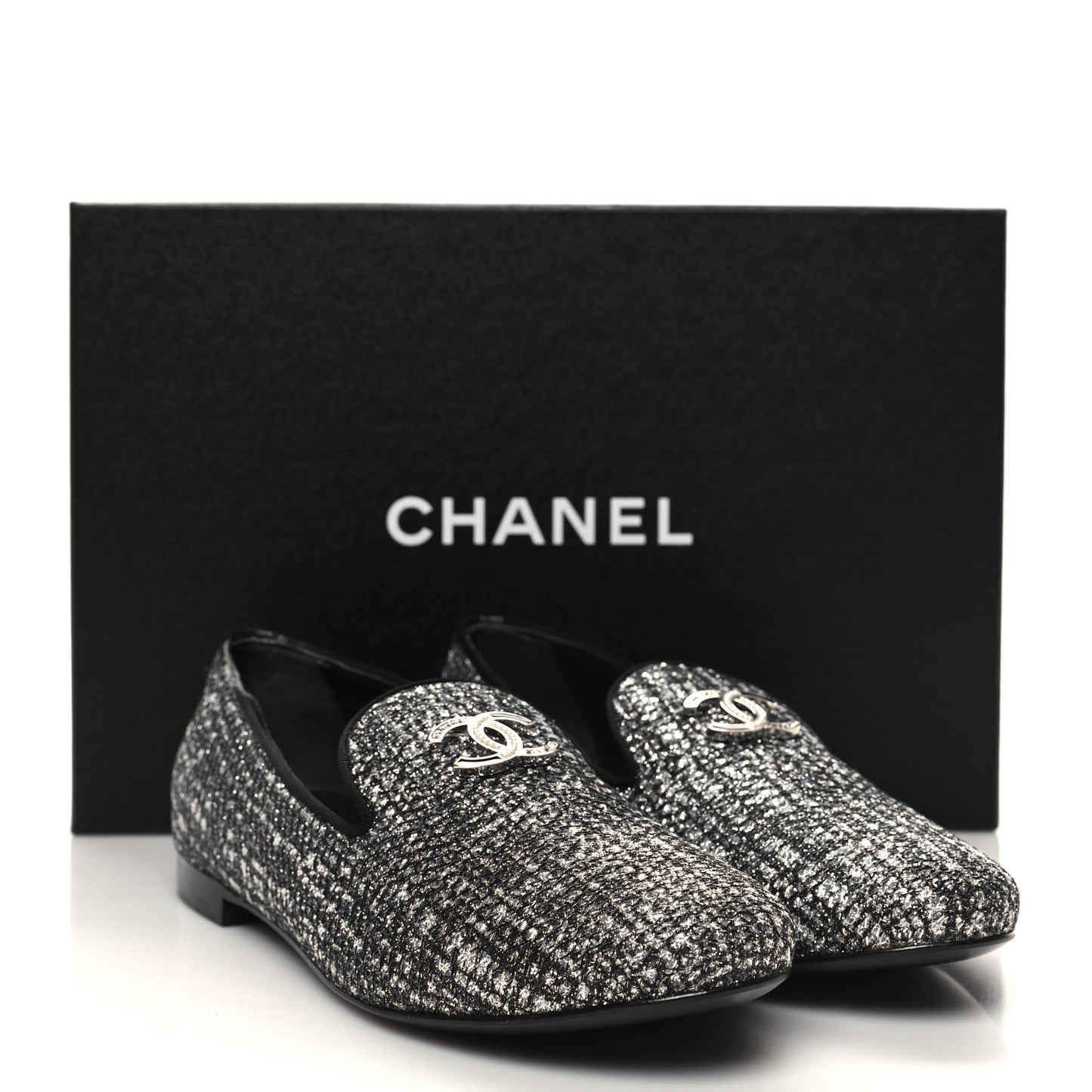 Fantasy Fabric Grosgrain CC Mocassin Loafers 36.5 Silver Black