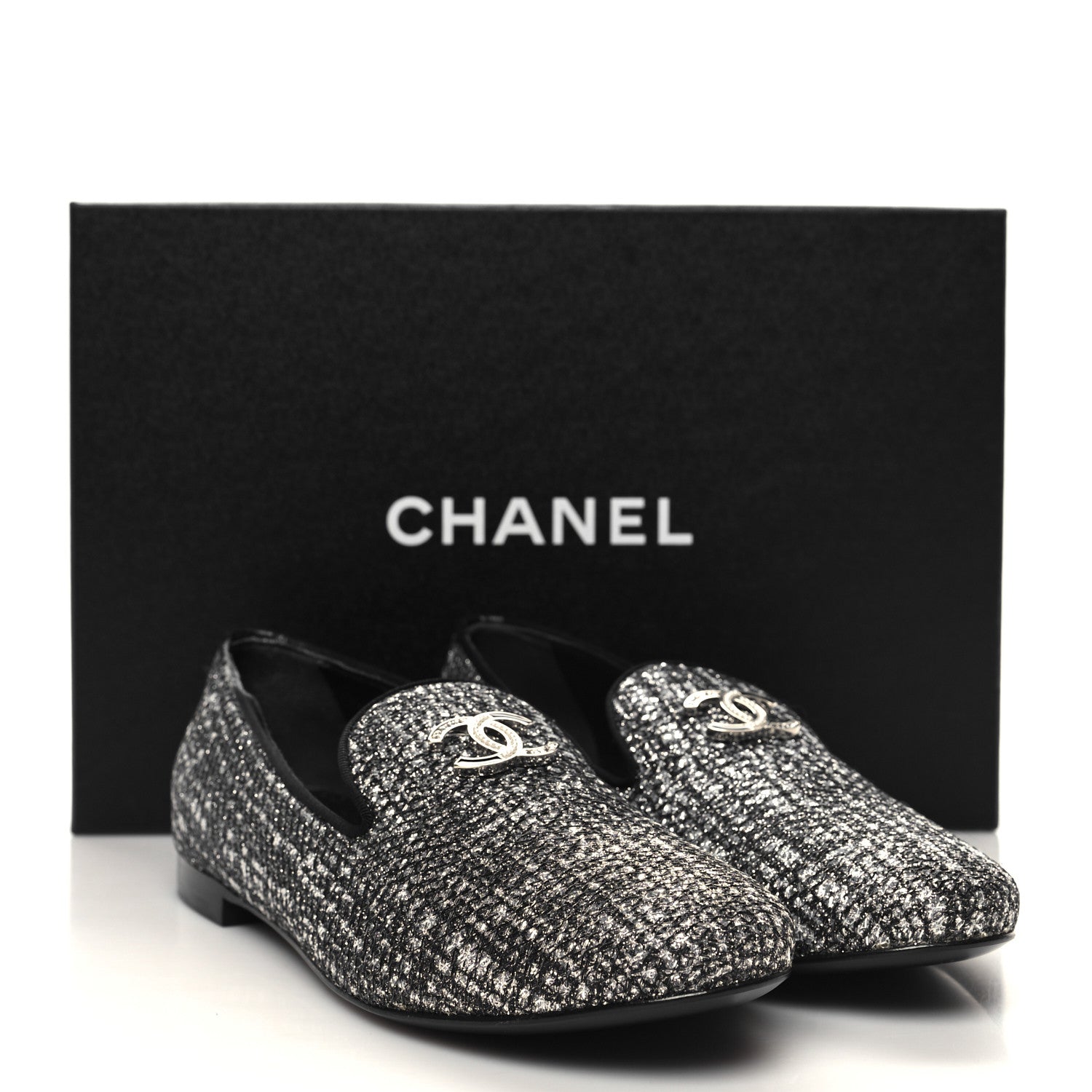 Chanel Fantasy Fabric Grosgrain CC Mocassin Loafers 36.5 Silver Black 11 of 11