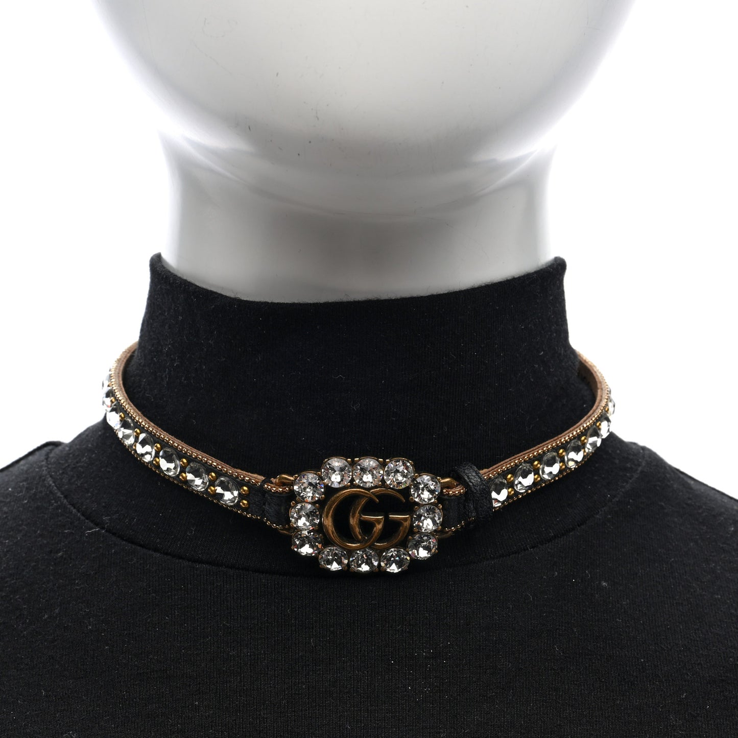 Calfskin Crystal Embellished Double G Choker Necklace Black