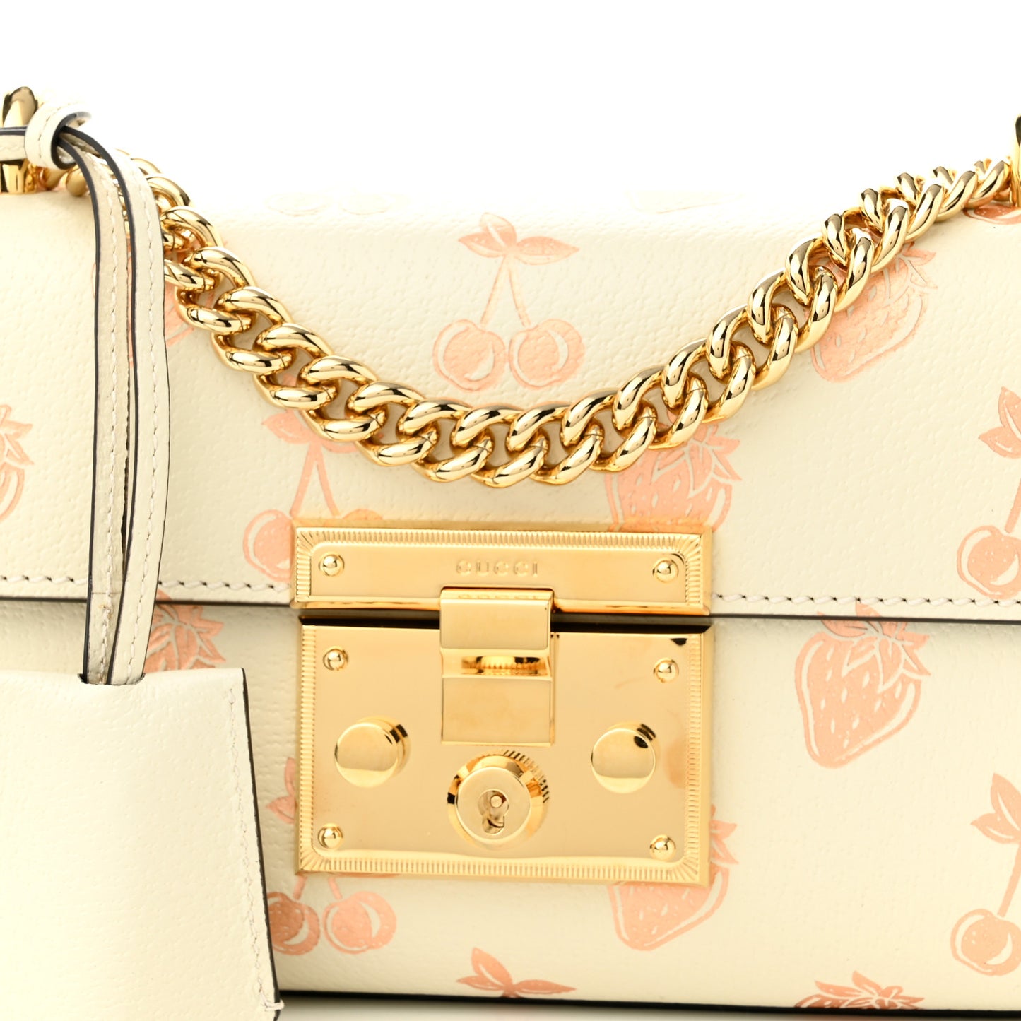 Textured Dollar Calfskin Berry Print Small Padlock Shoulder Bag Mystic White Light Copper