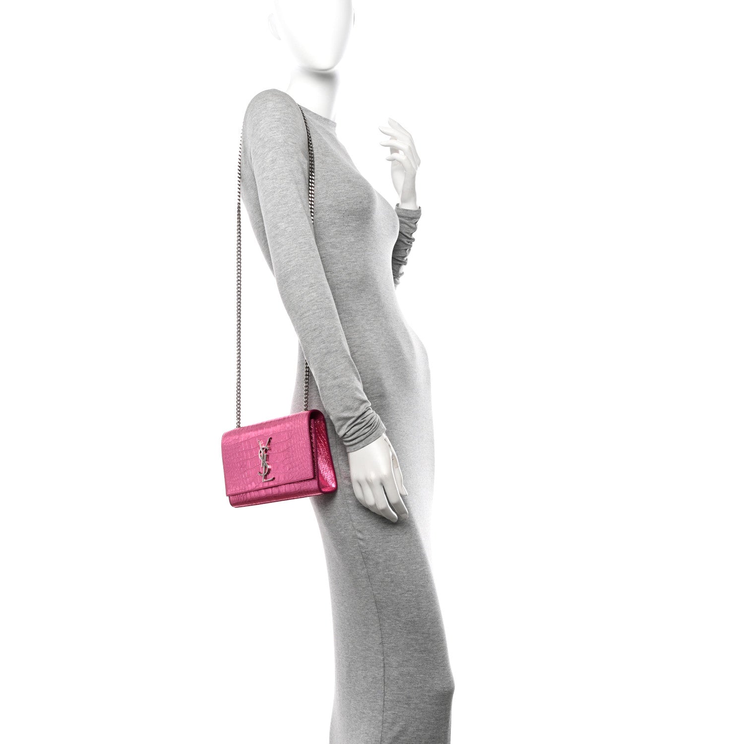 Saint Laurent Metallic Calfskin Crocodile Embossed Small Classic Monogram Kate Tassel Satchel Pink 3 of 11