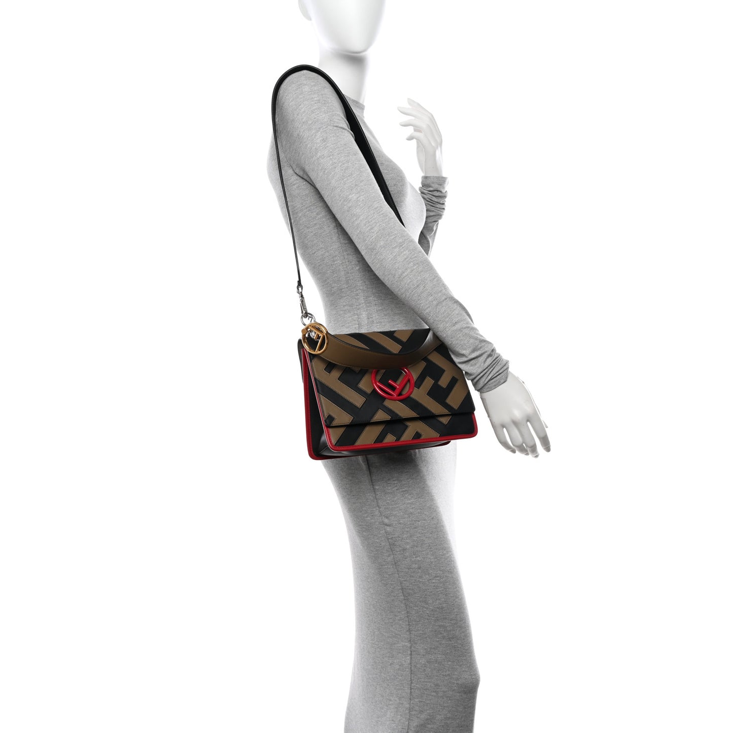 Vitello Century F is Fendi FF Diagonal Inlay Kan I Shoulder Bag Fango Black Fragola