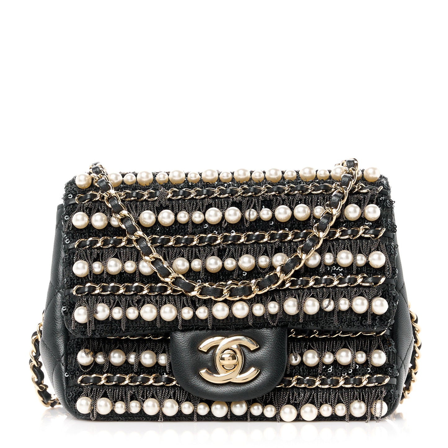 Lambskin Sequin Pearl Chain Fringe Mini Flap Black