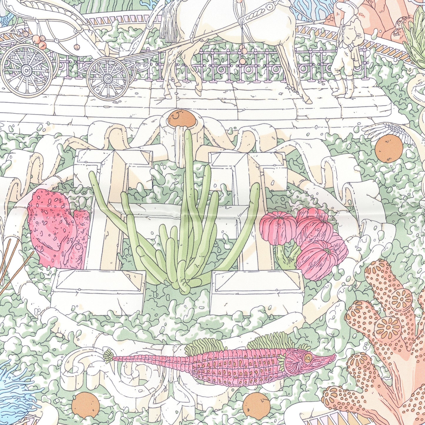 Silk Vintage Ex Libris Atlantis Scarf 70 Gris Perle Rose Pale