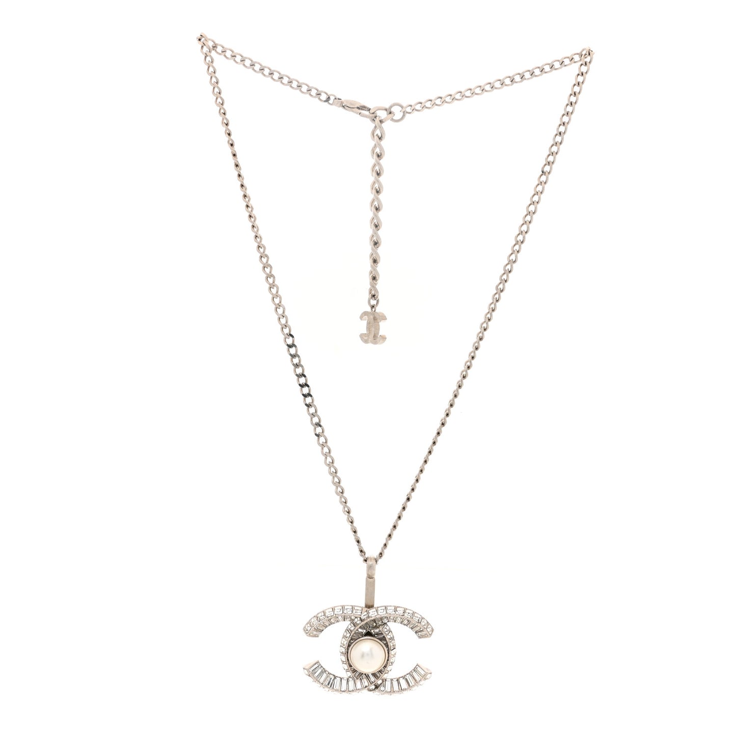 Pearl Baguette Crystal Large CC Pendant Necklace Silver