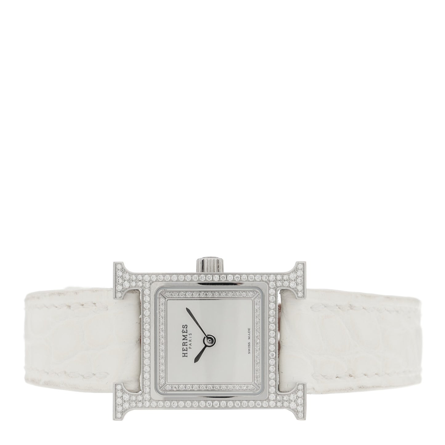 Stainless Steel Alligator Diamond Pave Bezel Mother of Pearl 17.2mm Heure H Hour Quartz Watch Blanc