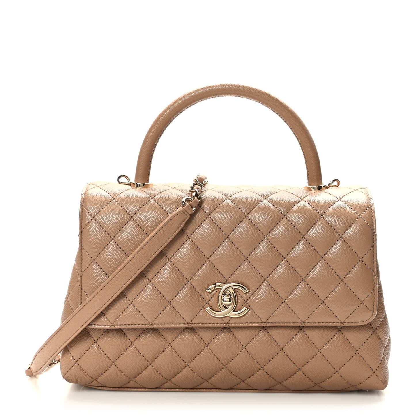 Caviar Quilted Small Coco Handle Flap Beige