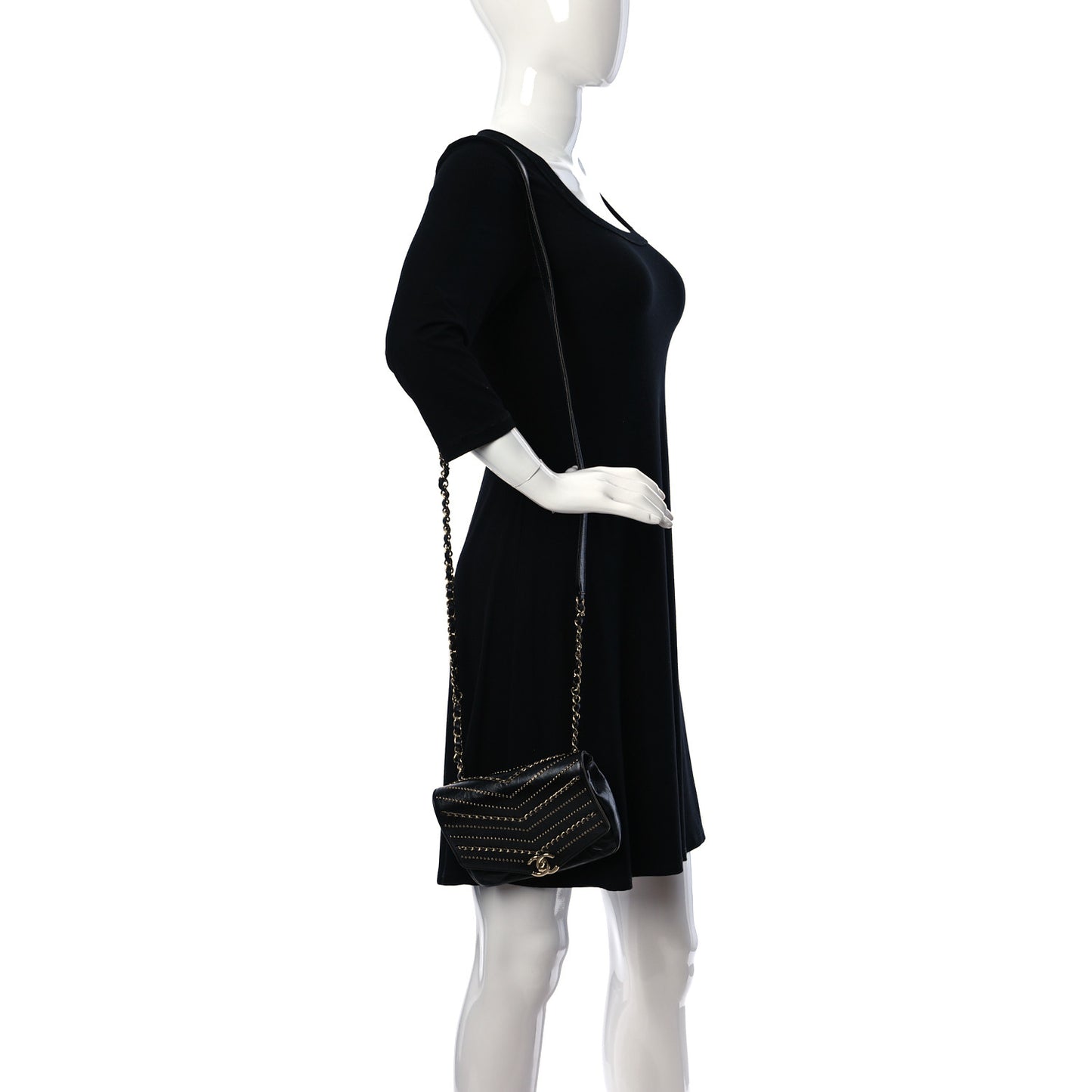Crumpled Calfskin Chevron Chain Mini Square Flap Black