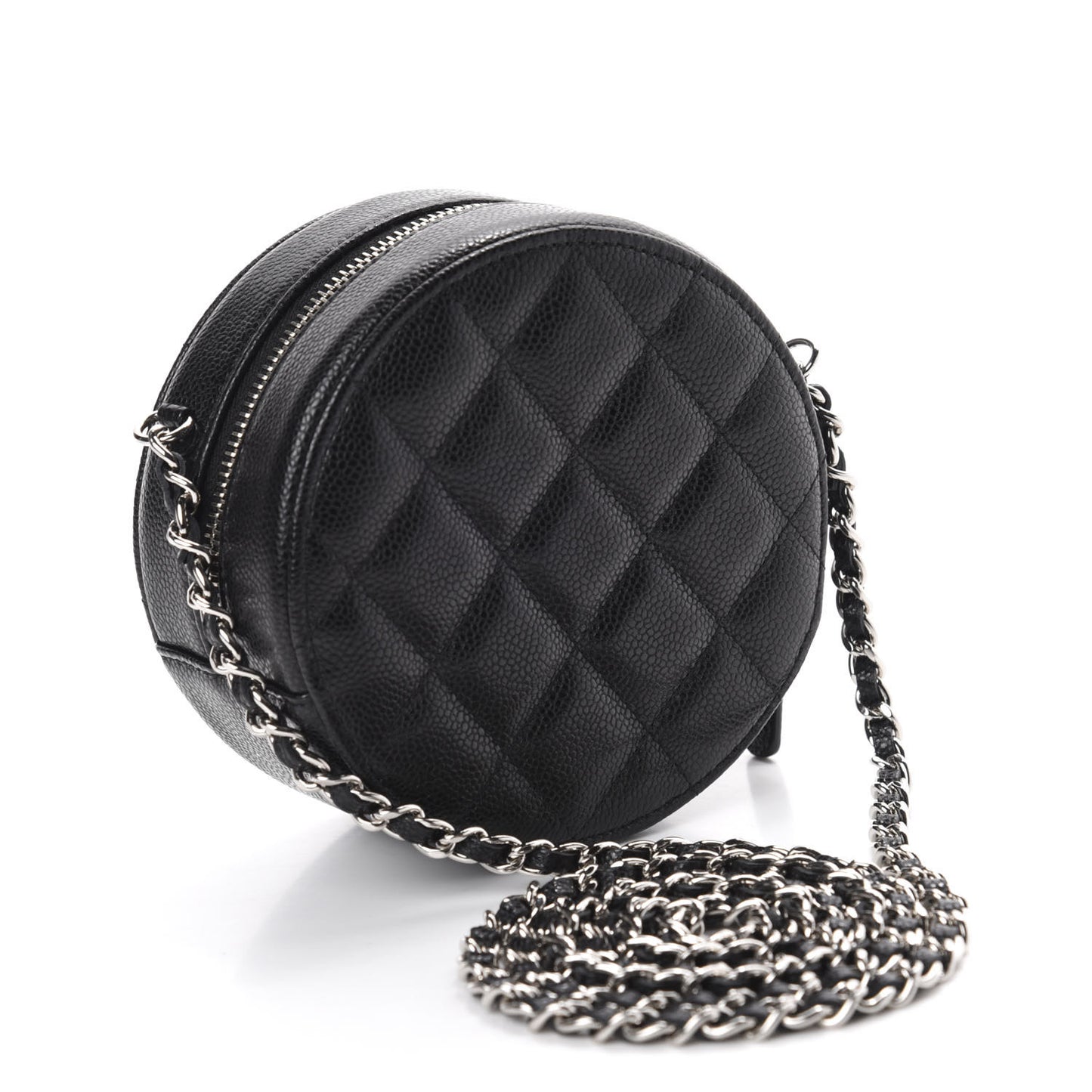 Caviar Quilted Round Clutch With Chain Black