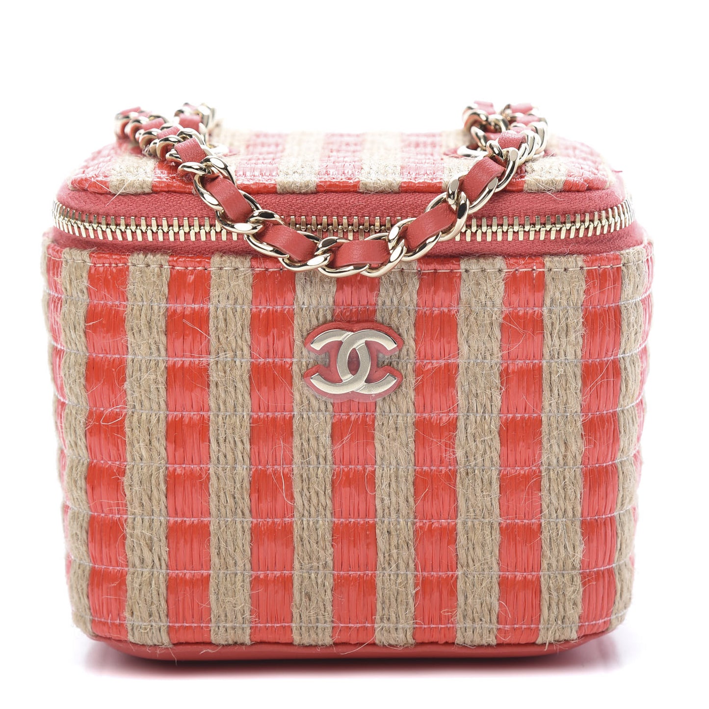 Raffia Jute Striped Mini Vanity Case With Chain Red Beige