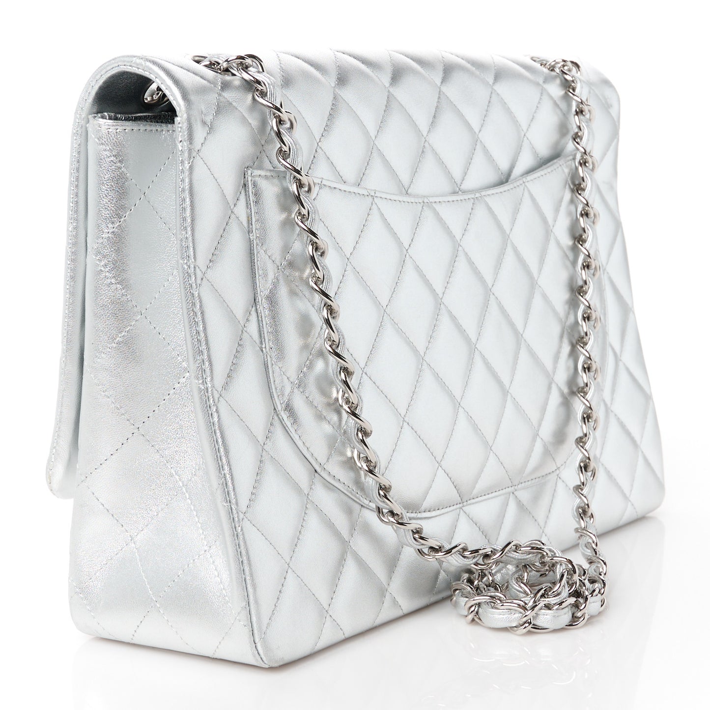 Metallic Lambskin Quilted Maxi Single Flap Silver