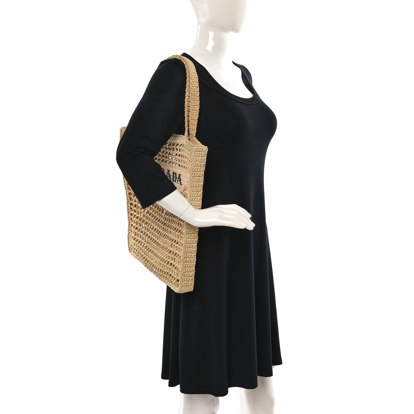 Yarn Raffia Effect Crochet Logo Embroidered Tote Bag Naturale