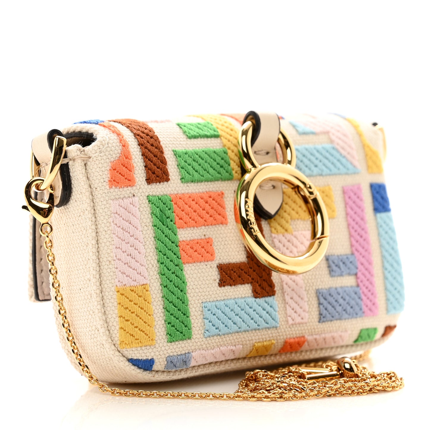 Canvas Nappa FF Multicolor Embroidered Nano Maxi Buckle Baguette Charm Grezzo Multicolor