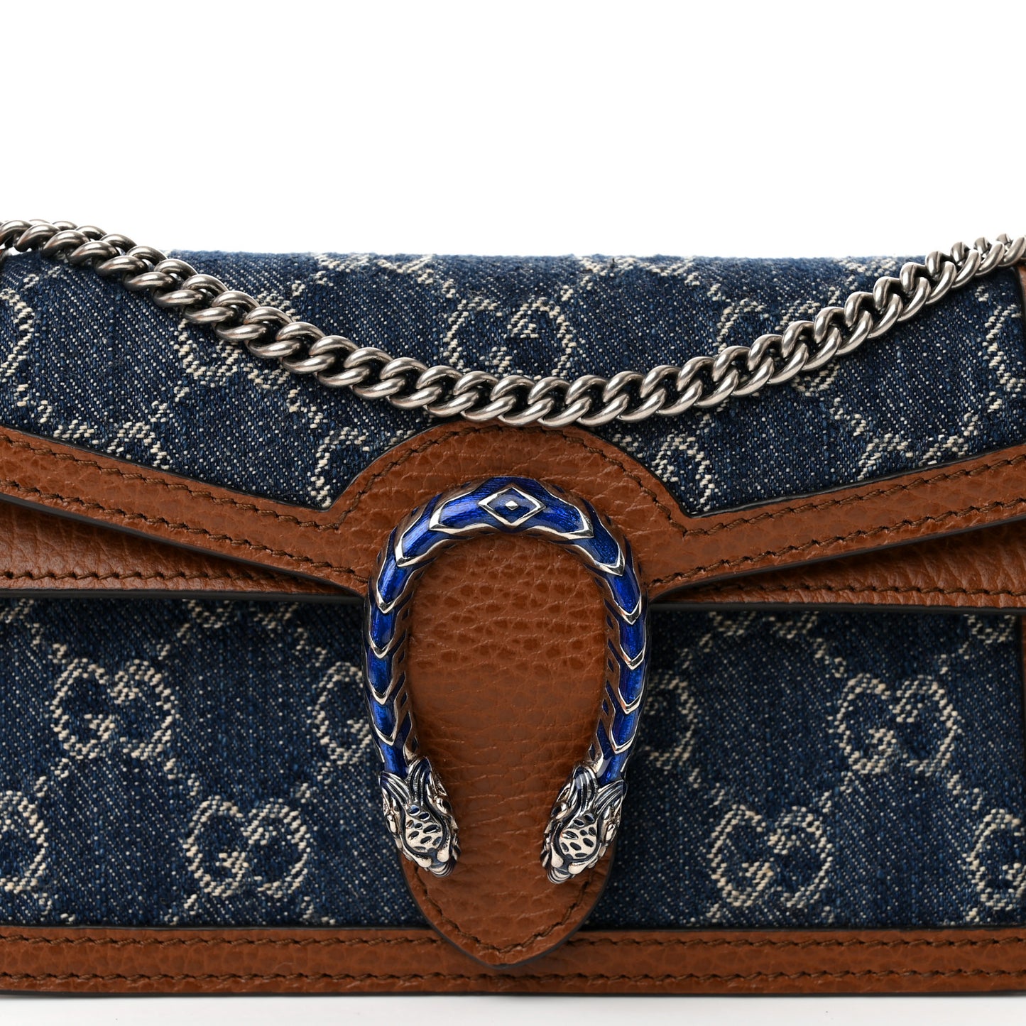 New Denim GG Monogram Dollar Calfskin Enamel Super Mini Dionysus Shoulder Bag Blue Tea Cuir Epilog Electric Blue