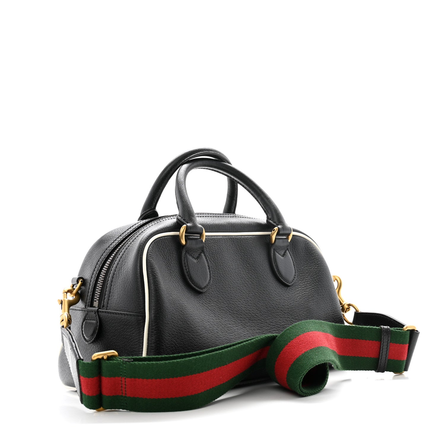 Gucci X ADIDAS Textured Dollar Calfskin Web Trefoil Logo Embossed Mini Bowling Bag Black Off White 3 of 12