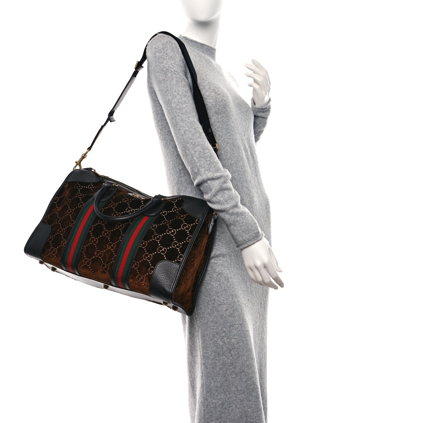 Velvet GG Monogram Textured Calfskin Web Medium Duffle Bag Brown Black