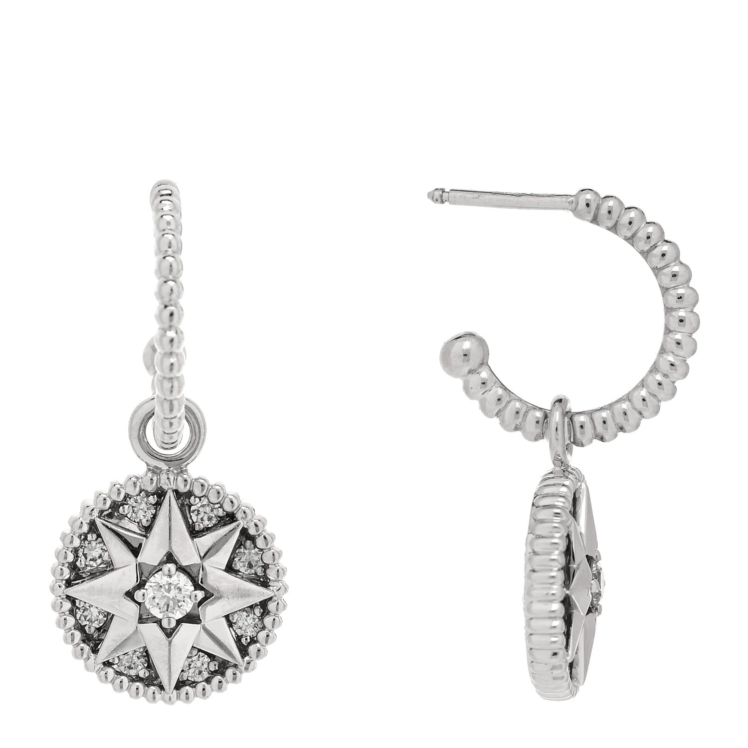 Christian Dior 18K White Gold Diamond Rose Des Vents Pave Hoop Earrings 1 of 4