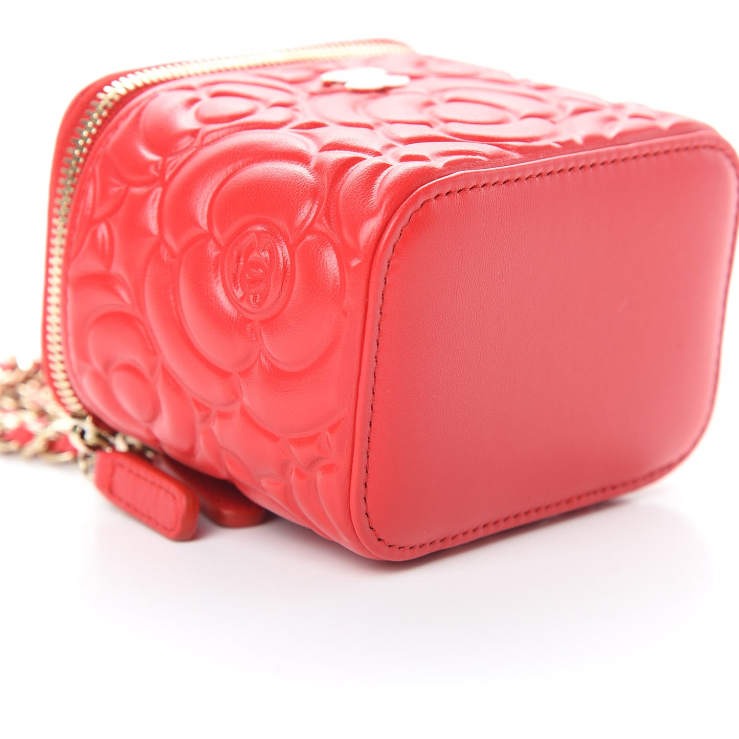 Lambskin Camellia Embossed Mini Vanity Case With Chain Red