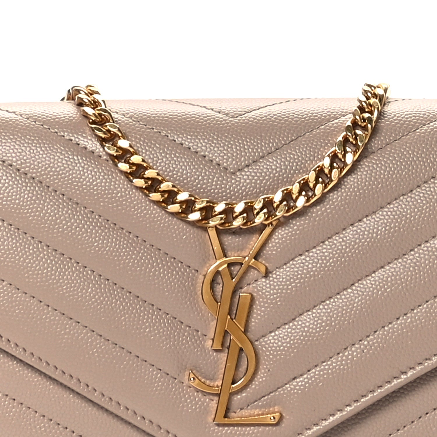Saint Laurent Grain De Poudre Matelasse Chevron Monogram Chain Wallet Dark Beige 7 of 10