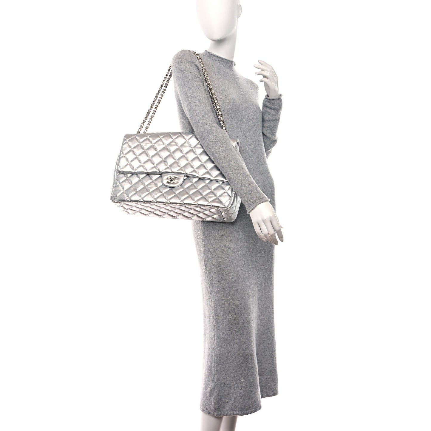 Metallic Lambskin Quilted XXL Travel Flap Bag Silver