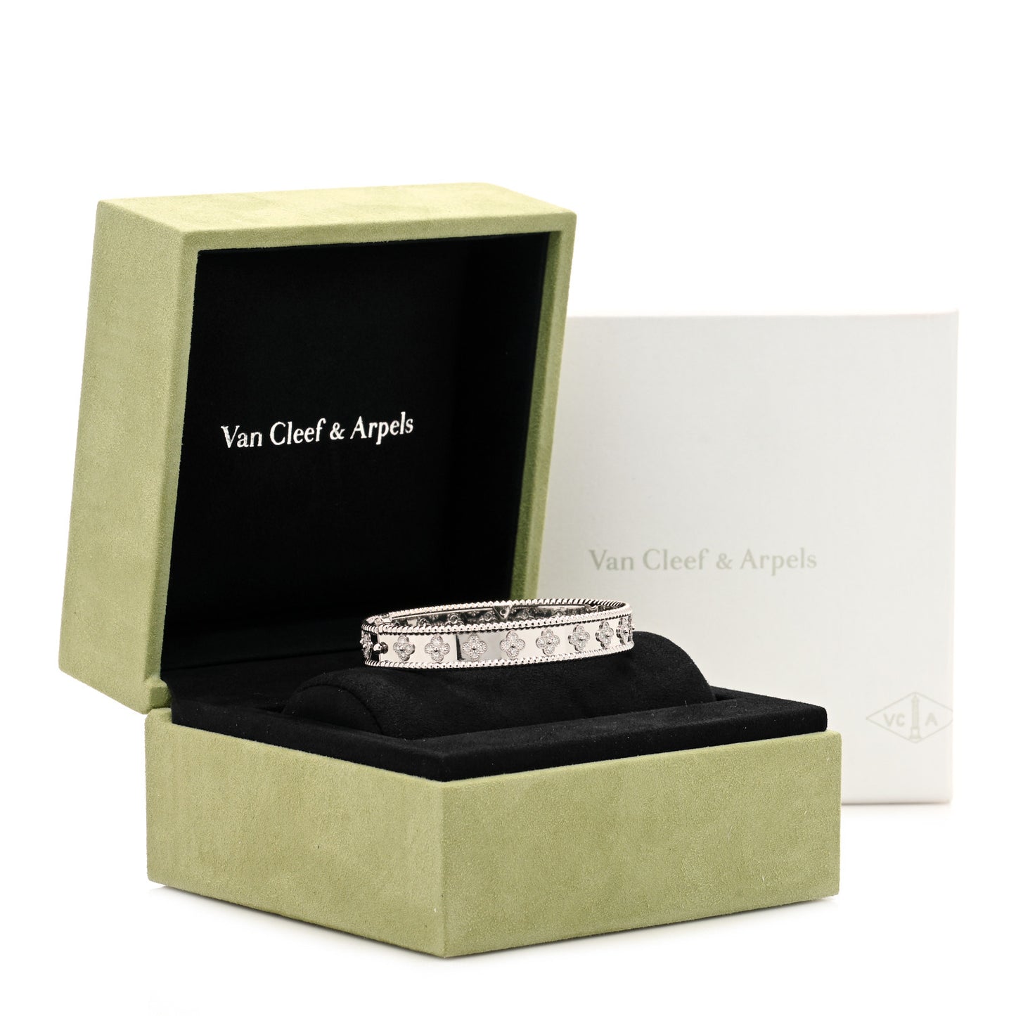 18K White Gold Diamond Perlee Clovers Bangle Bracelet L