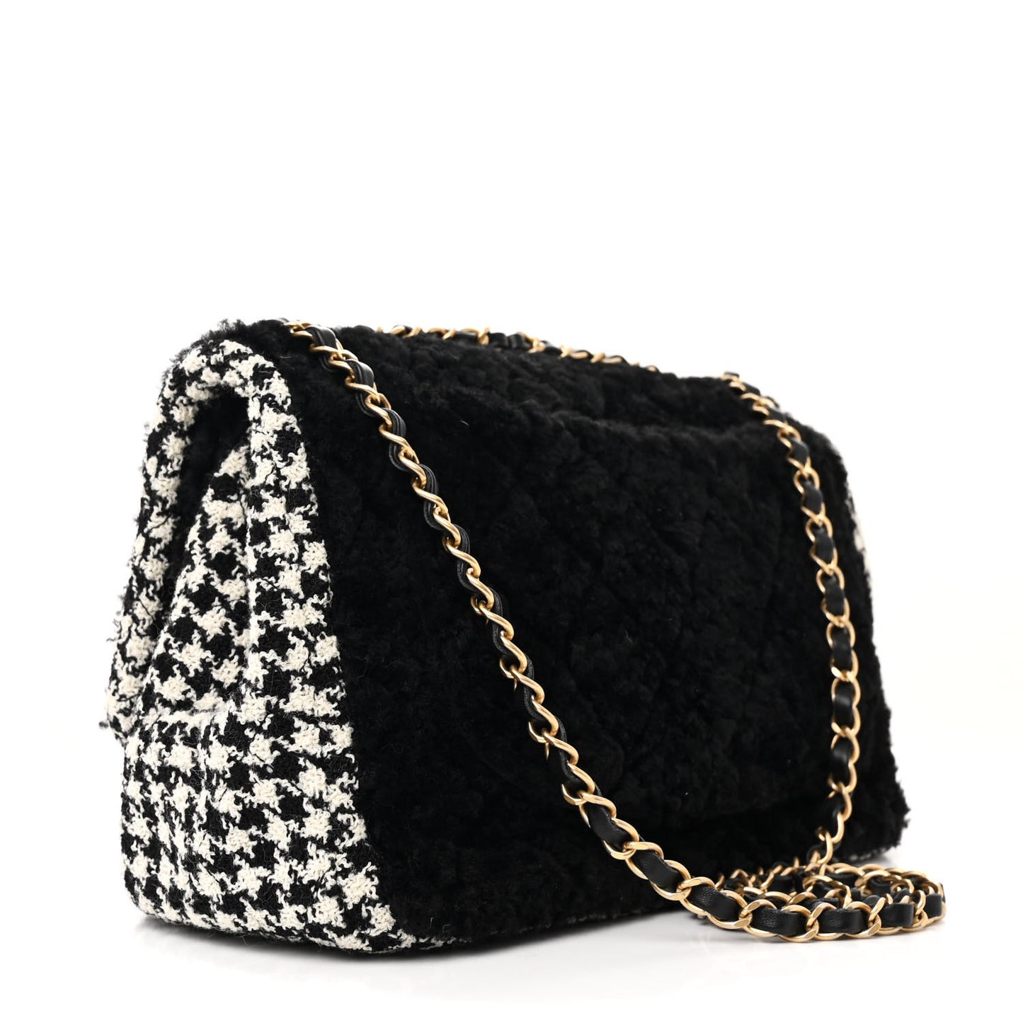 Shearling Tweed Jumbo Single Flap Black White