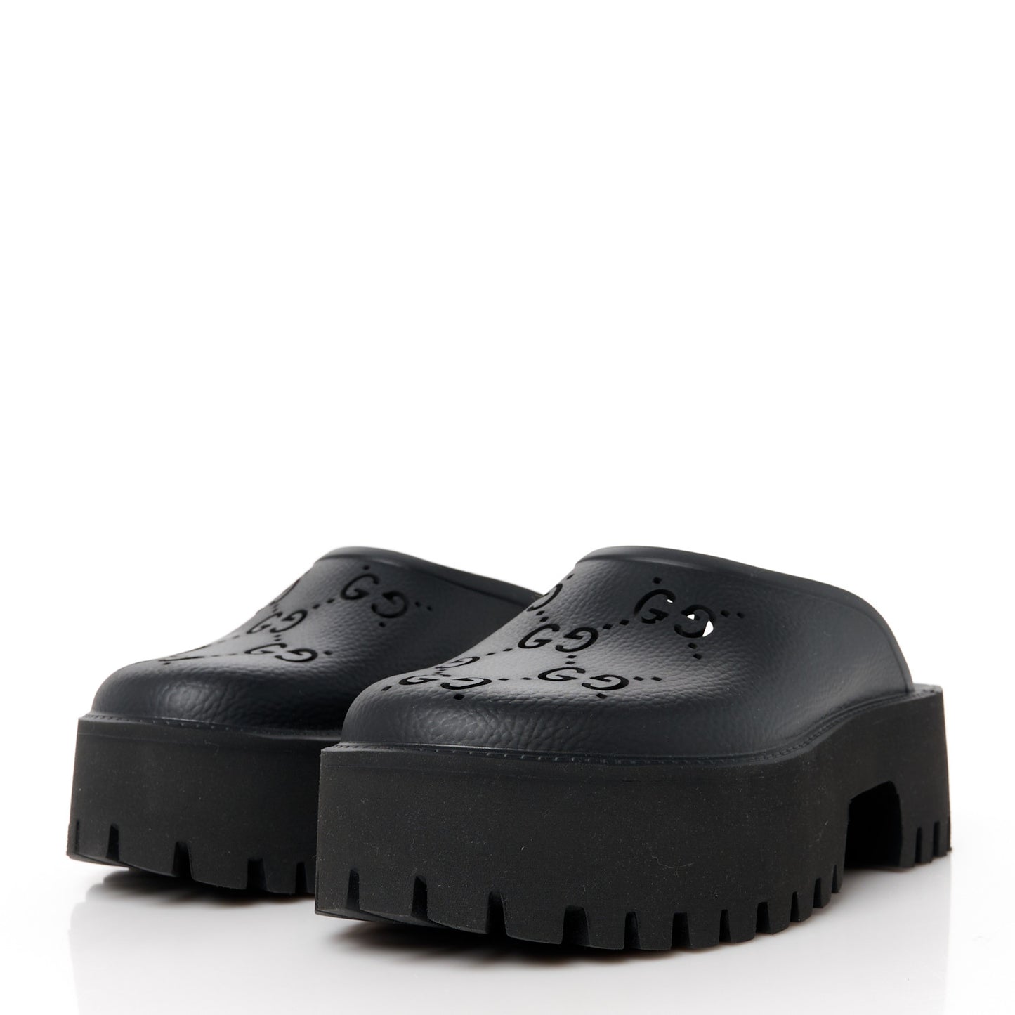 Rubber GG Monogram Perforated Elea Platform 55mm Lug Sole Sandals 36 Black
