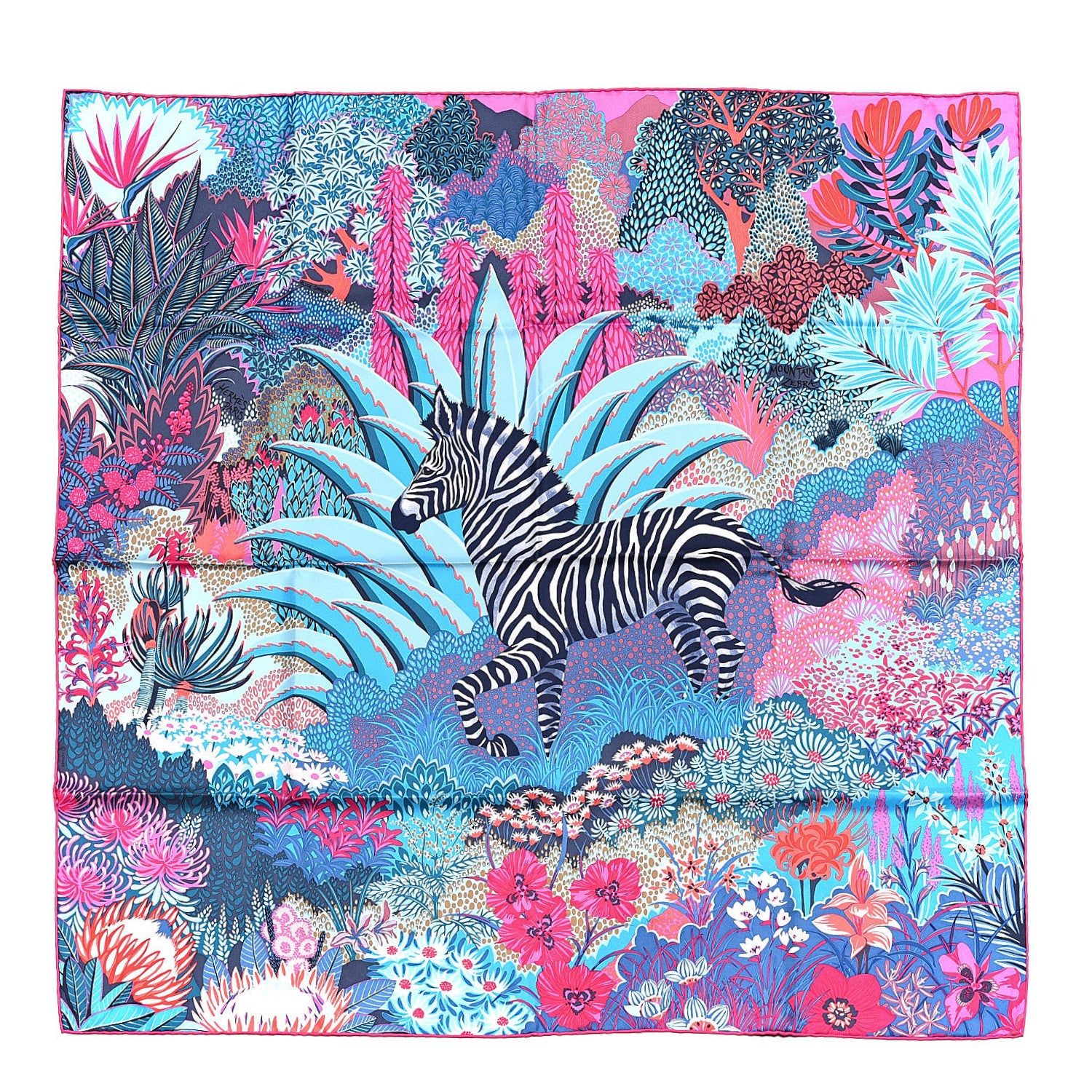 Hermes Silk Mountain Zebra Scarf 90 Turquoise Fuchsia Cobalt