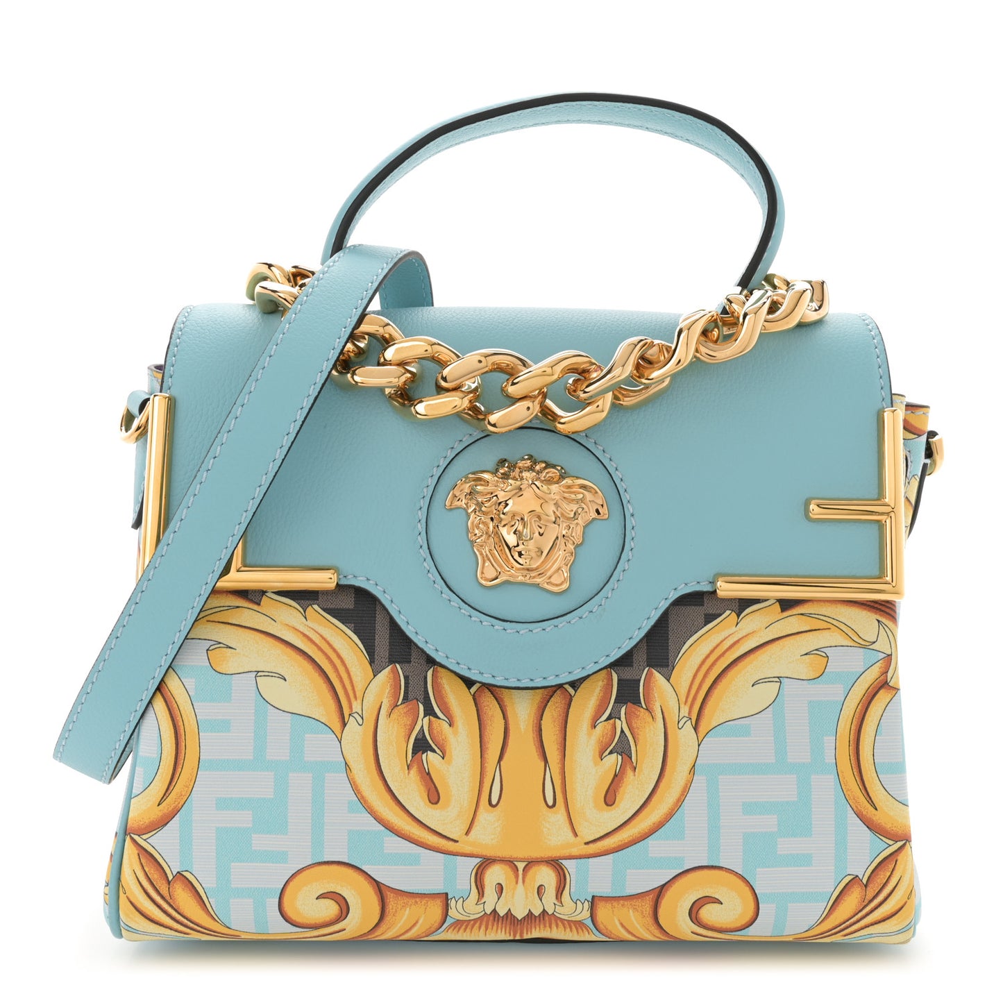 X FENDI Grained Calfskin Fendace La Medusa Medium Top Handle Bag Baby Blue Multicolor