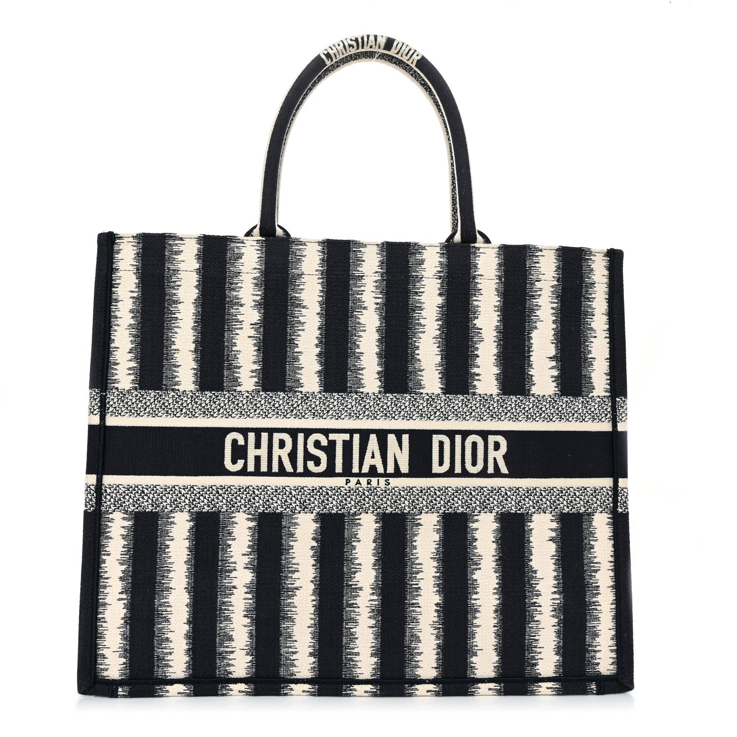 Christian Dior Canvas Embroidered Large Striped Book Tote Navy 1 of 12
