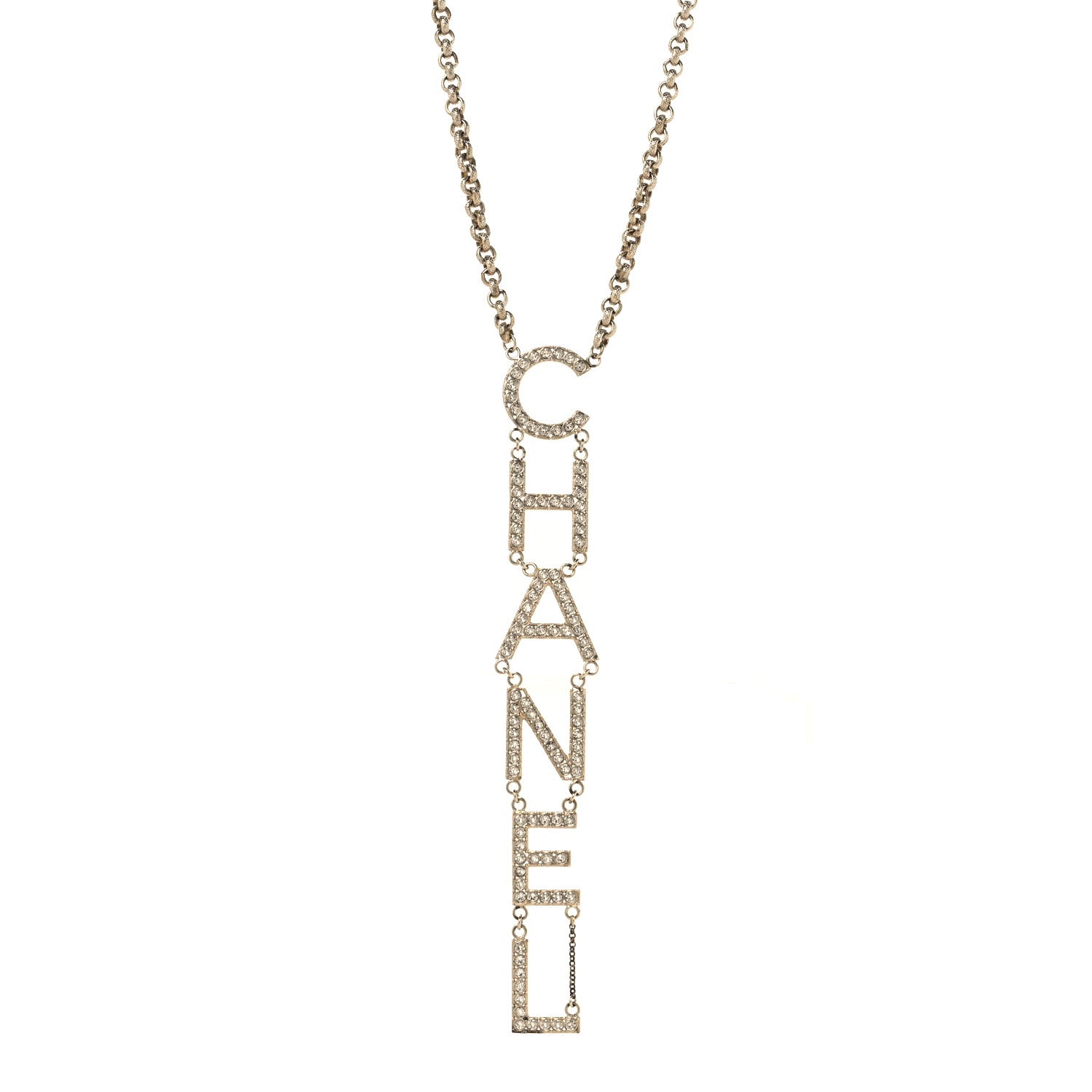 Chanel Metal Crystal Cha-Nel Logo Necklace Gold 1928845 – FASHIONPHILE