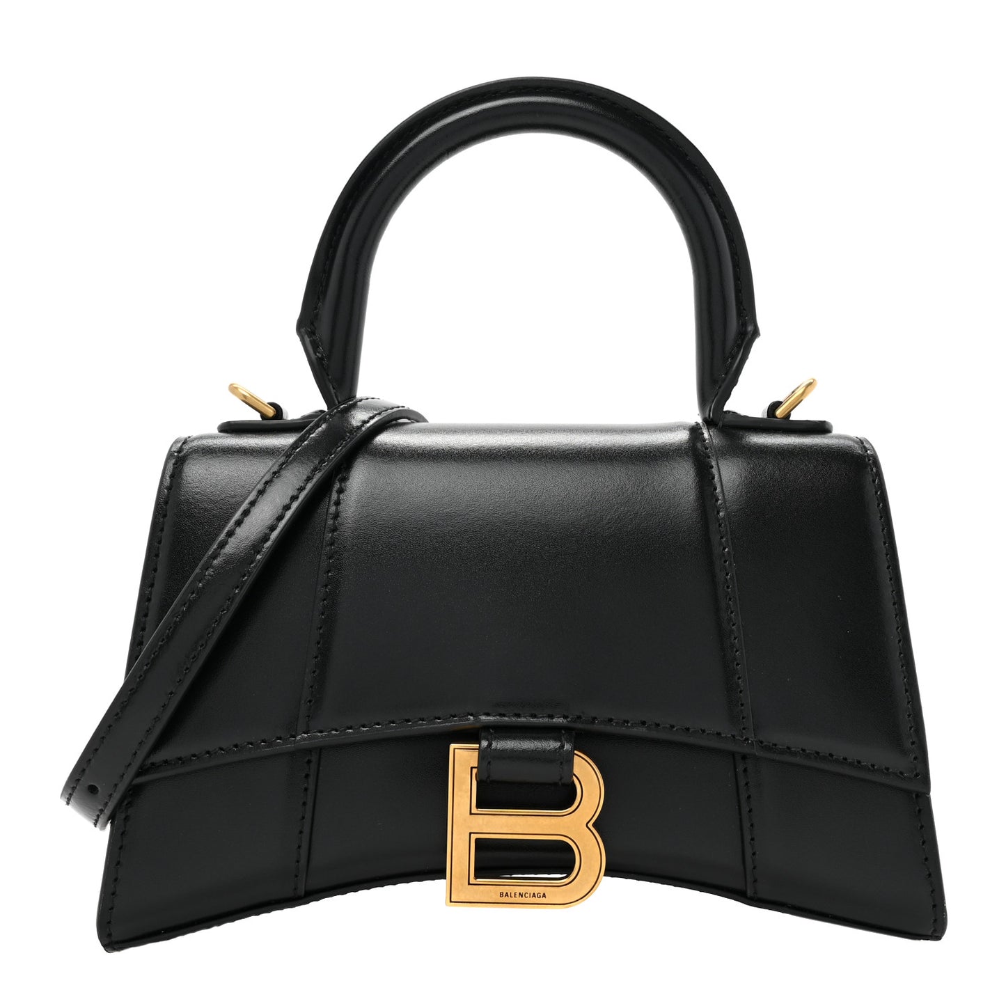 Shiny Box Calfskin Hourglass Top Handle Bag XS Black