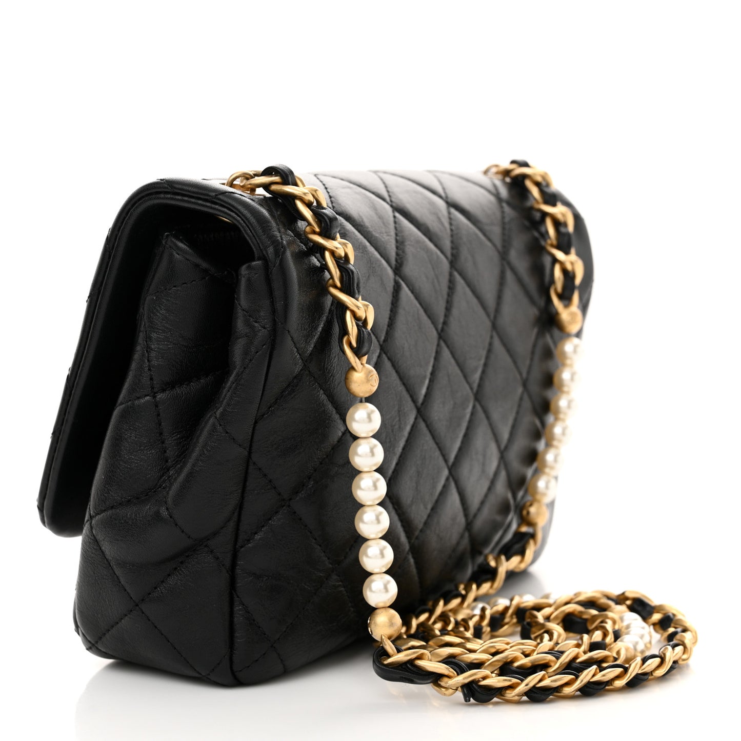 Glazed Calfskin Quilted Pearl Side Flap Black