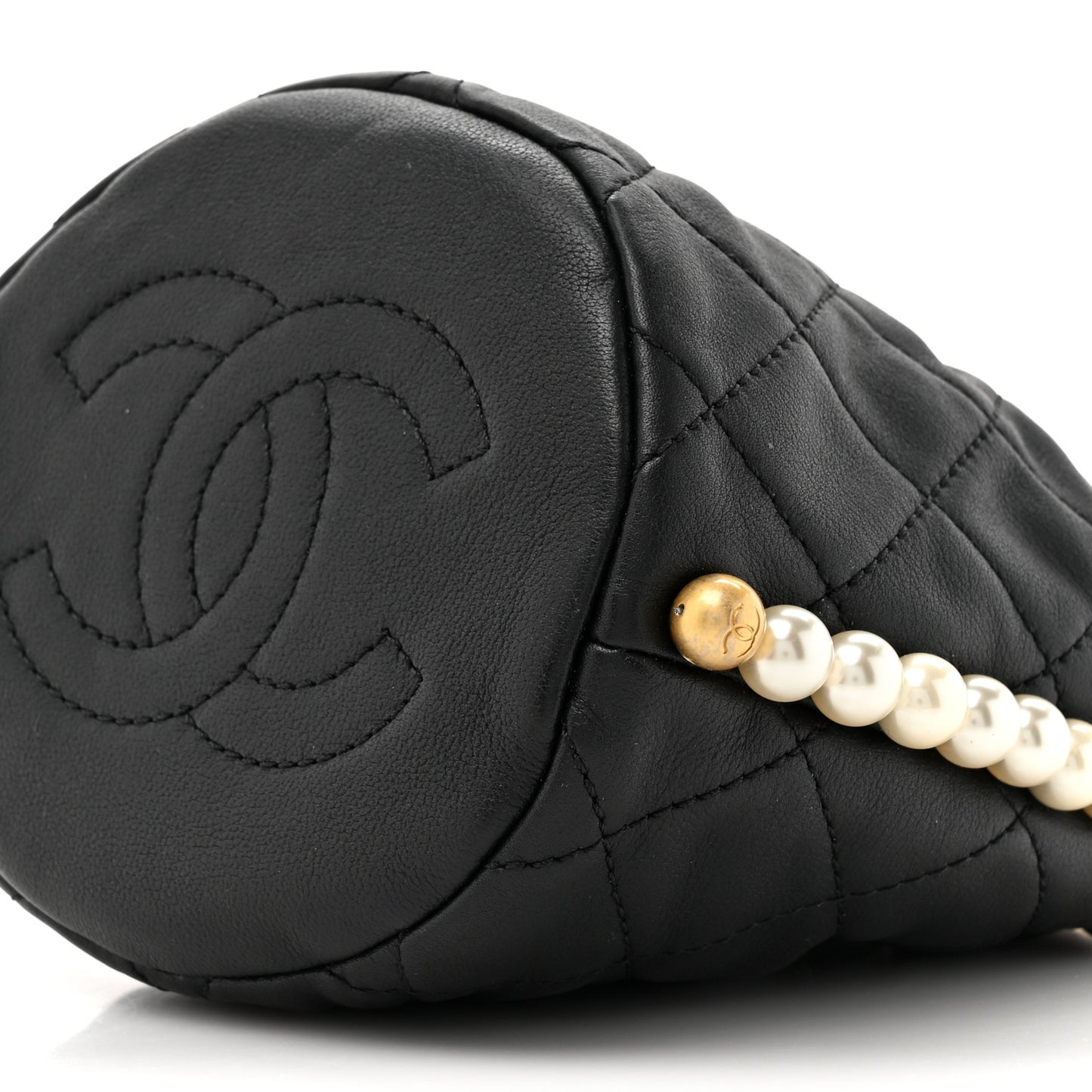 Calfskin Quilted Pearl Mini About Pearls Drawstring Bucket Bag Black