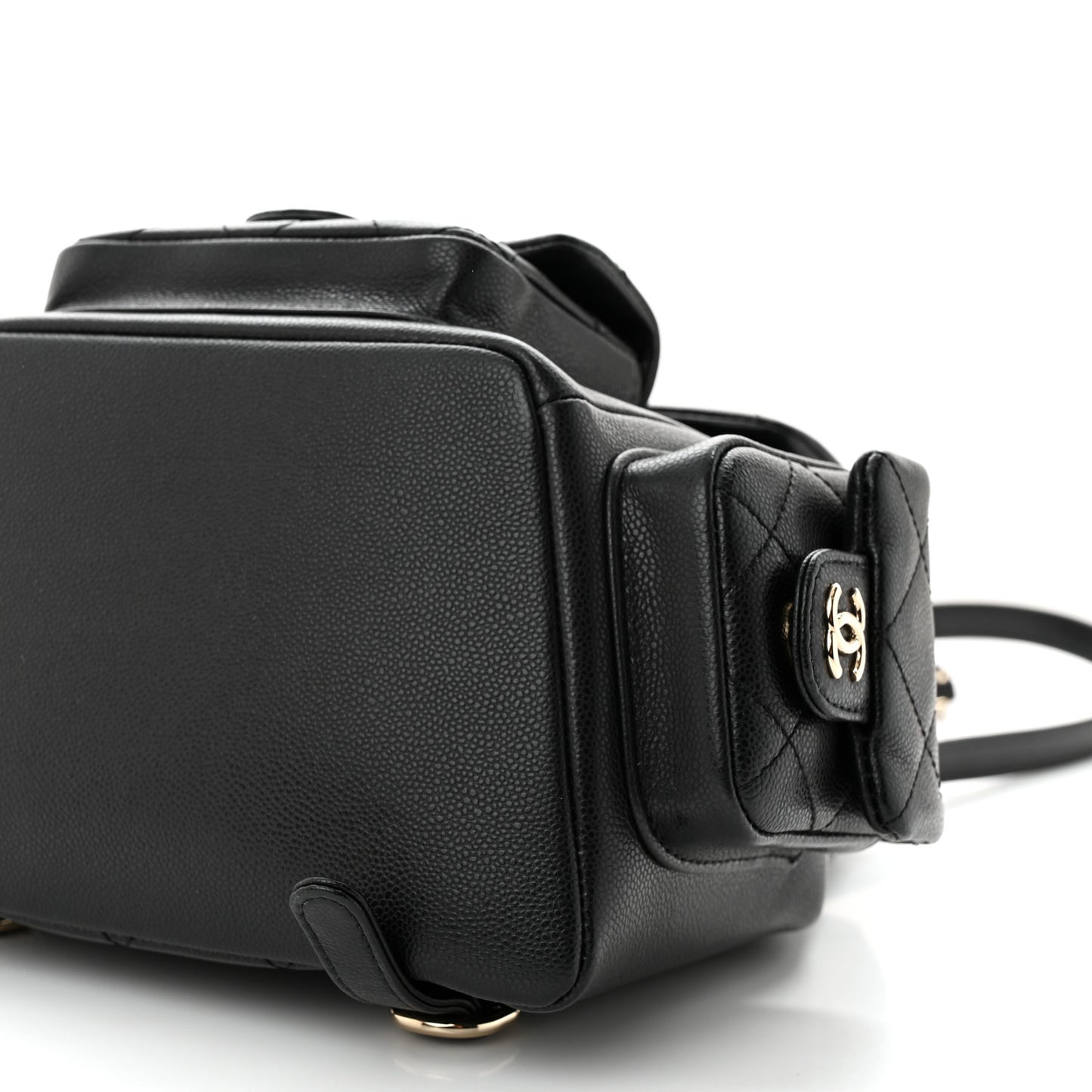 Shiny Caviar Quilted Small Pockets Drawstring Backpack Black