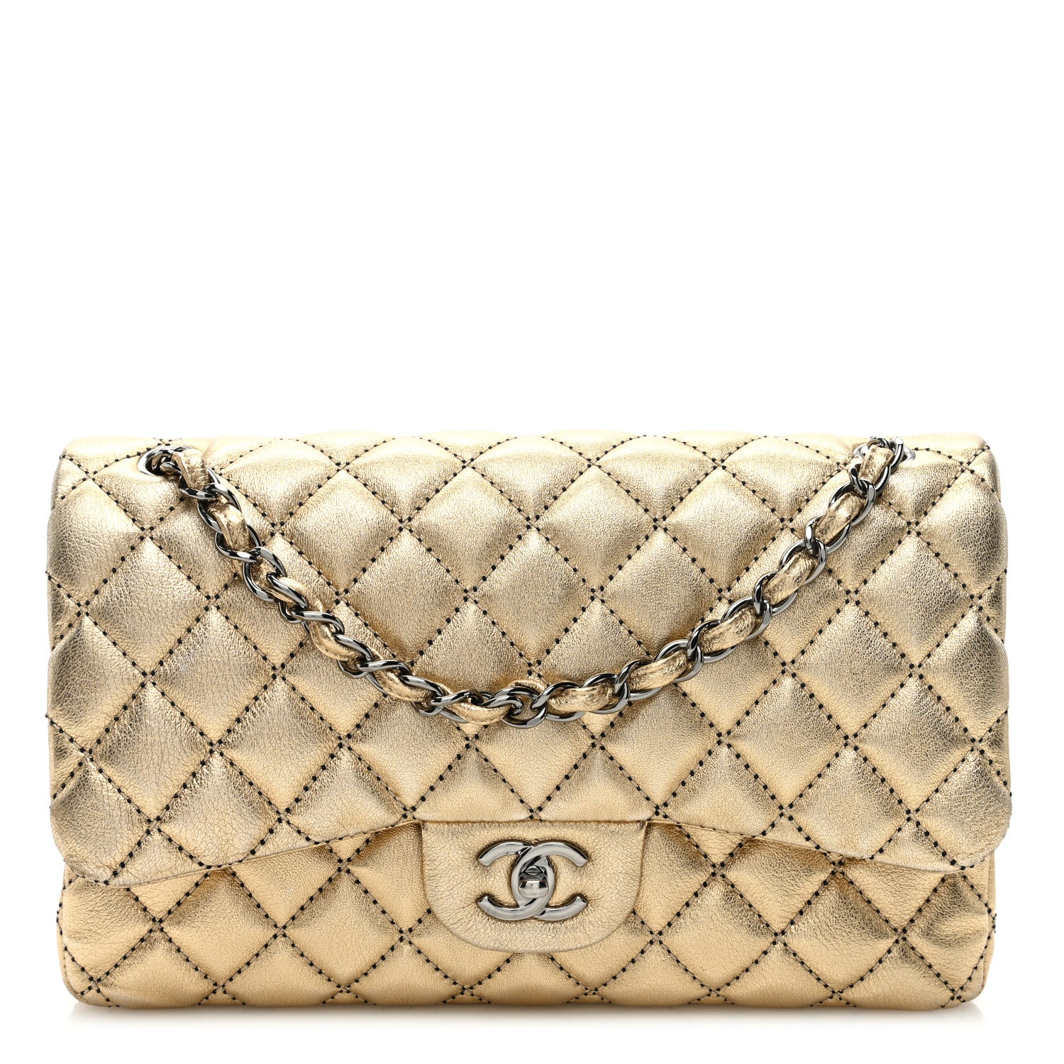 Chanel Metallic Washed Lambskin Quilted Jumbo Double Flap Dark Gold 1 of 11