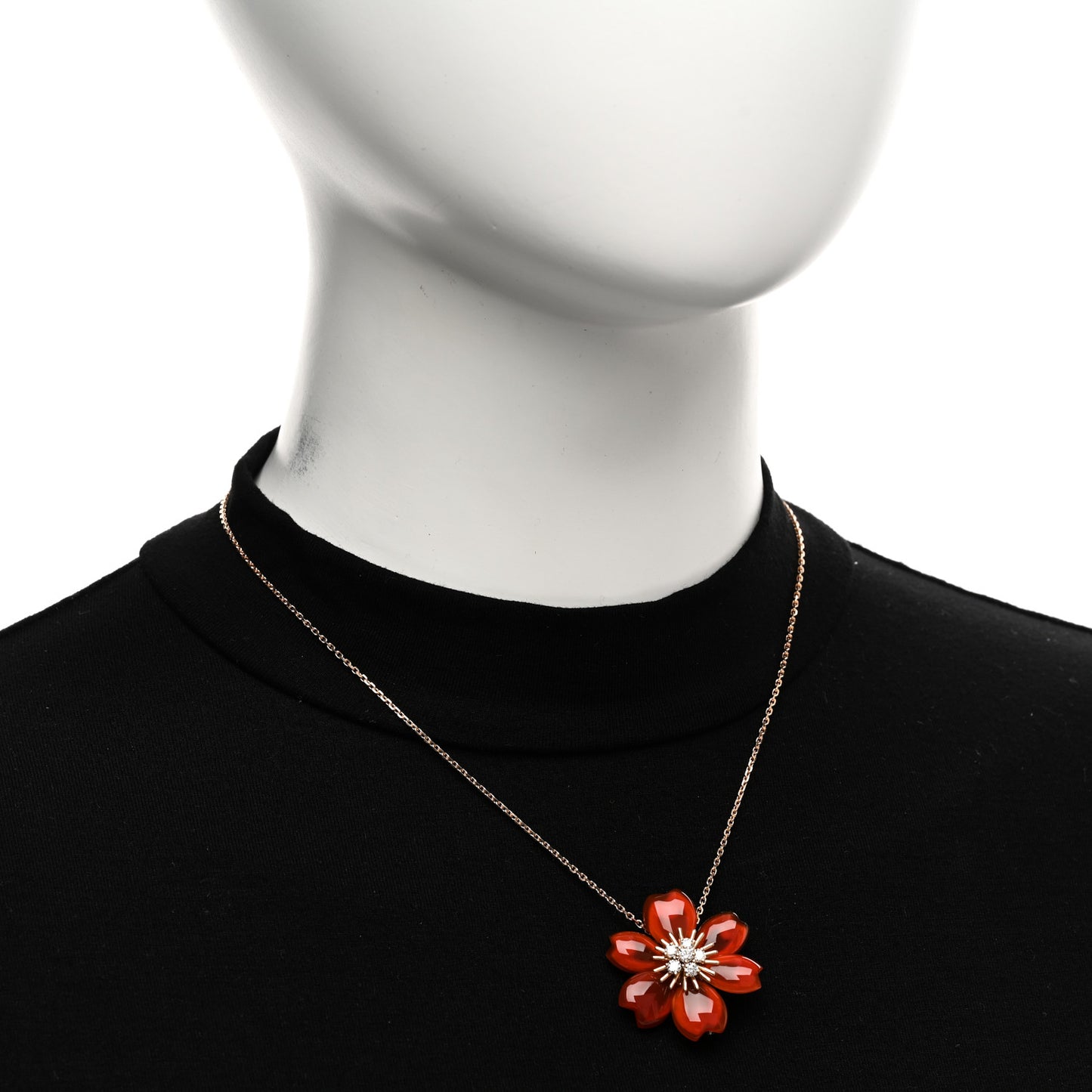 18K Yellow Gold Diamond Carnelian Small Rose De Noel Clip Pendant Necklace