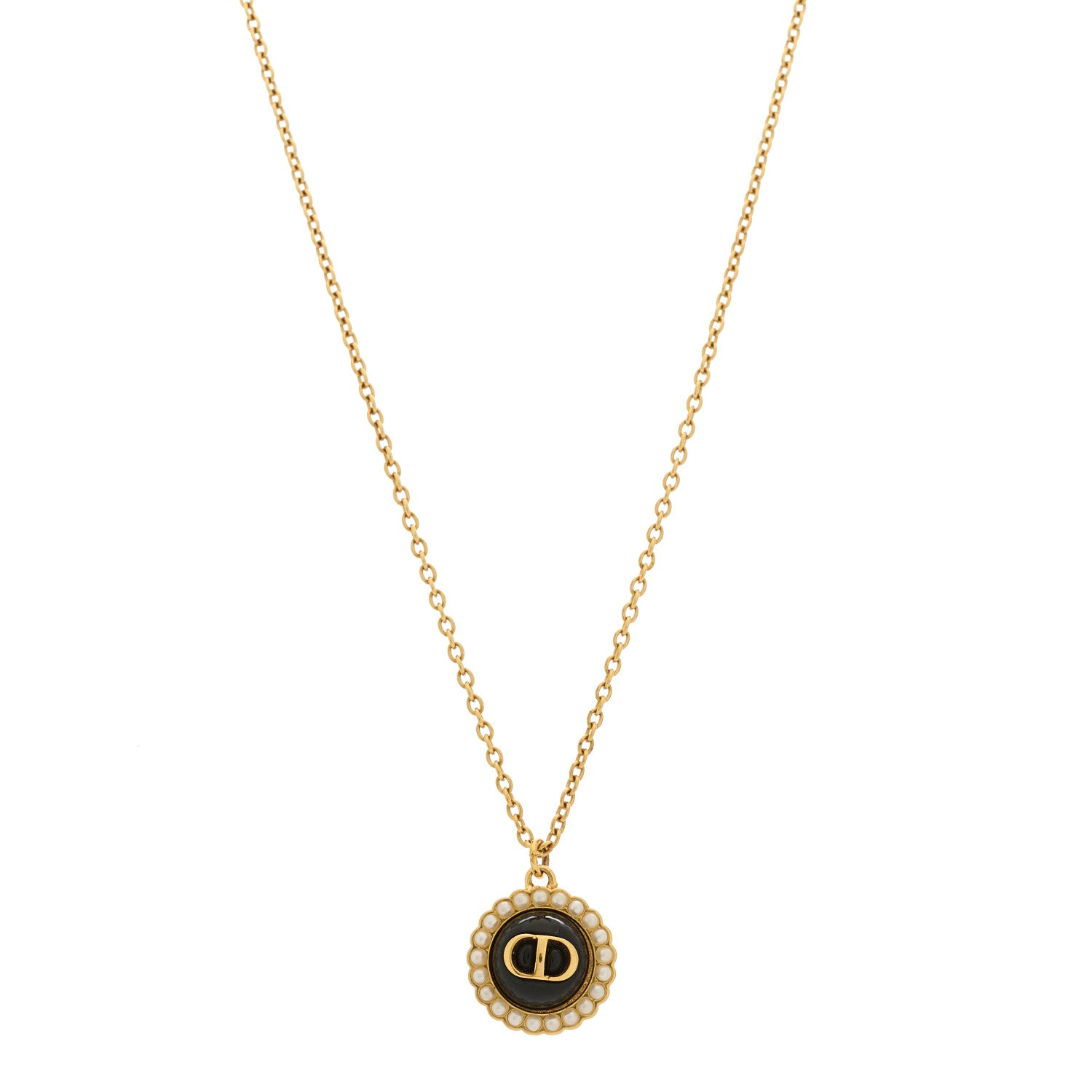 Christian Dior Metal Pearl CD Necklace Gold Black 1769489