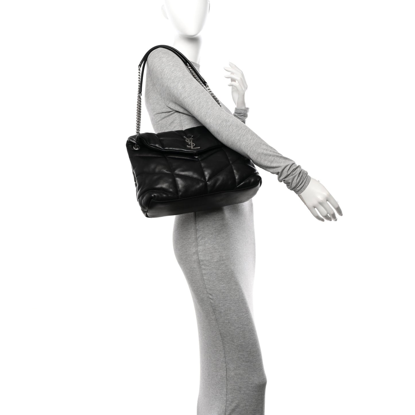 Lambskin Quilted Medium Loulou Puffer Monogram Chain Satchel Black