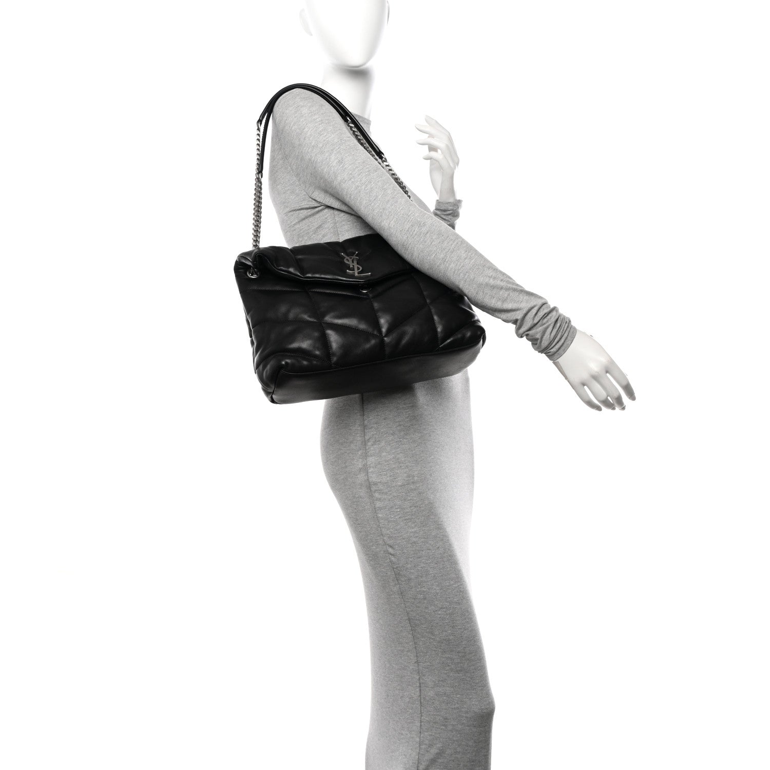 Saint Laurent Lambskin Quilted Medium Loulou Puffer Monogram Chain Satchel Black 2 of 13