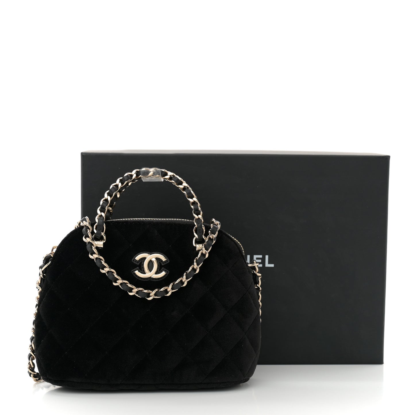 Velvet Quilted Shiny Coco Clutch With Chain Black