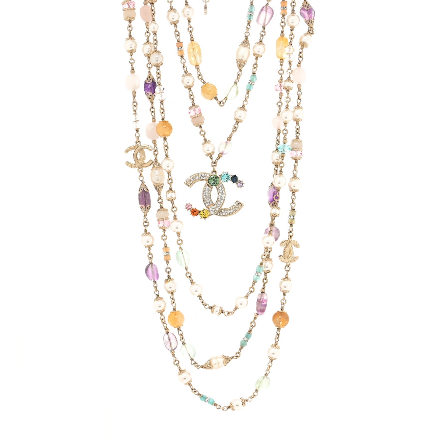 Pearl Crystal Over The Rainbow CC Multi Strand Necklace Gold Multicolor