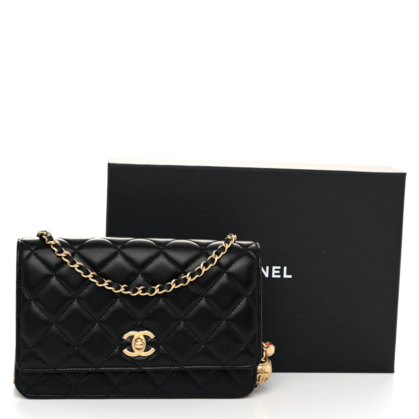 Lambskin Quilted CC Pearl Crush Wallet on Chain WOC Black