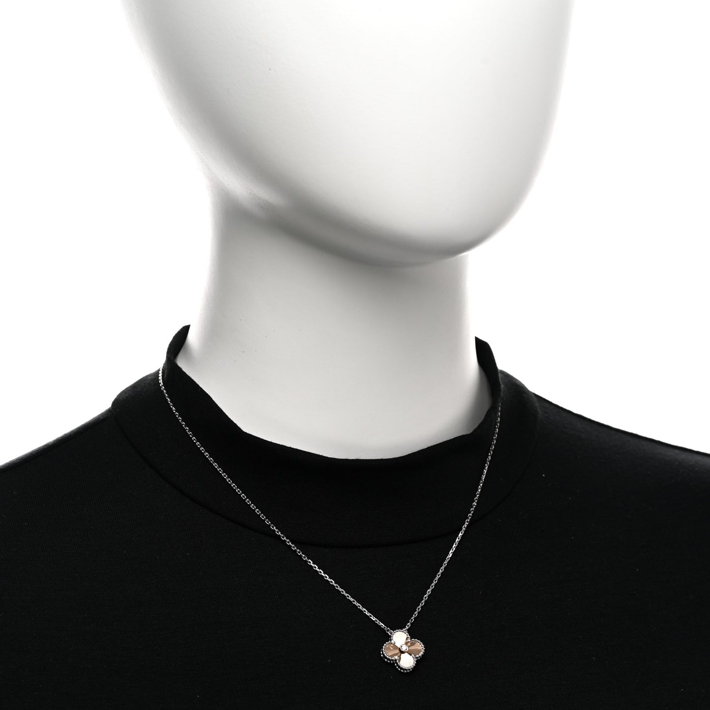 18K White Rose Gold Diamond Guilloche Vintage Alhambra Pendant Necklace