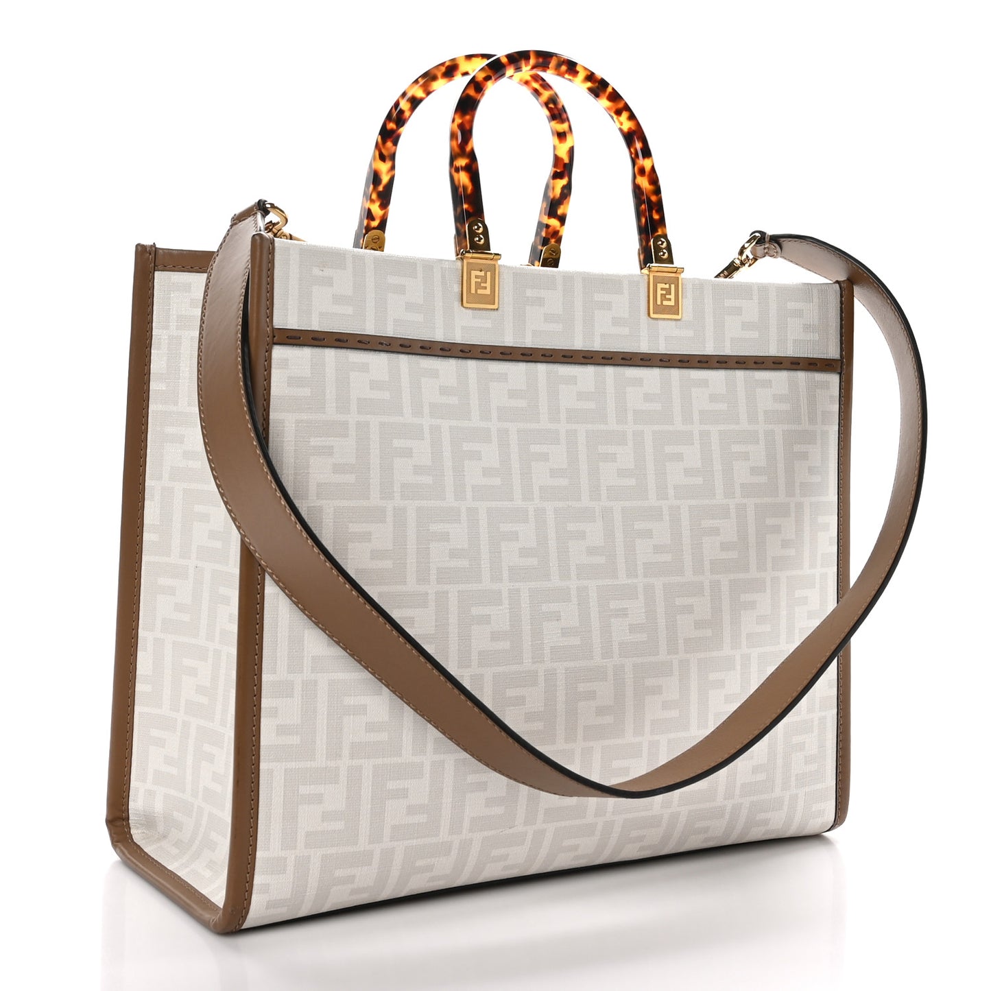 Glazed Fabric Plexiglass FF Logo Bikini Girls Medium Sunshine Shopper Tote Bianco Perla Multicolor Miele Scuro