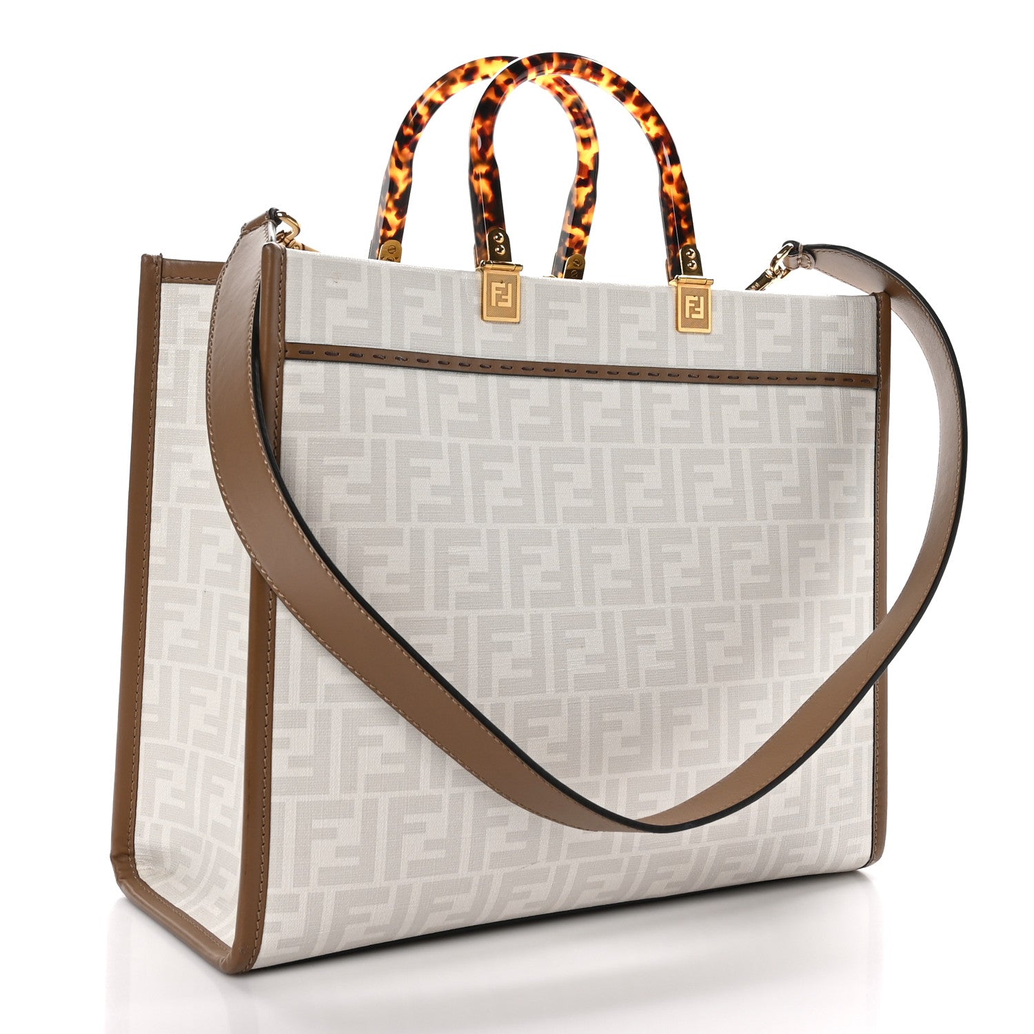 Fendi Glazed Fabric Plexiglass FF Logo Bikini Girls Medium Sunshine Shopper Tote Bianco Perla Multicolor Miele Scuro 3 of 9