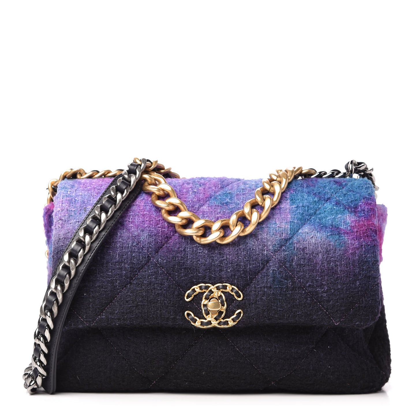 Wool Tweed Quilted Large Chanel 19 Flap Purple Black Blue